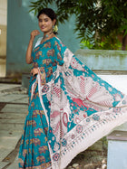 Aqua Elephant Motifs Kalamkari Cotton Saree - Uttariya