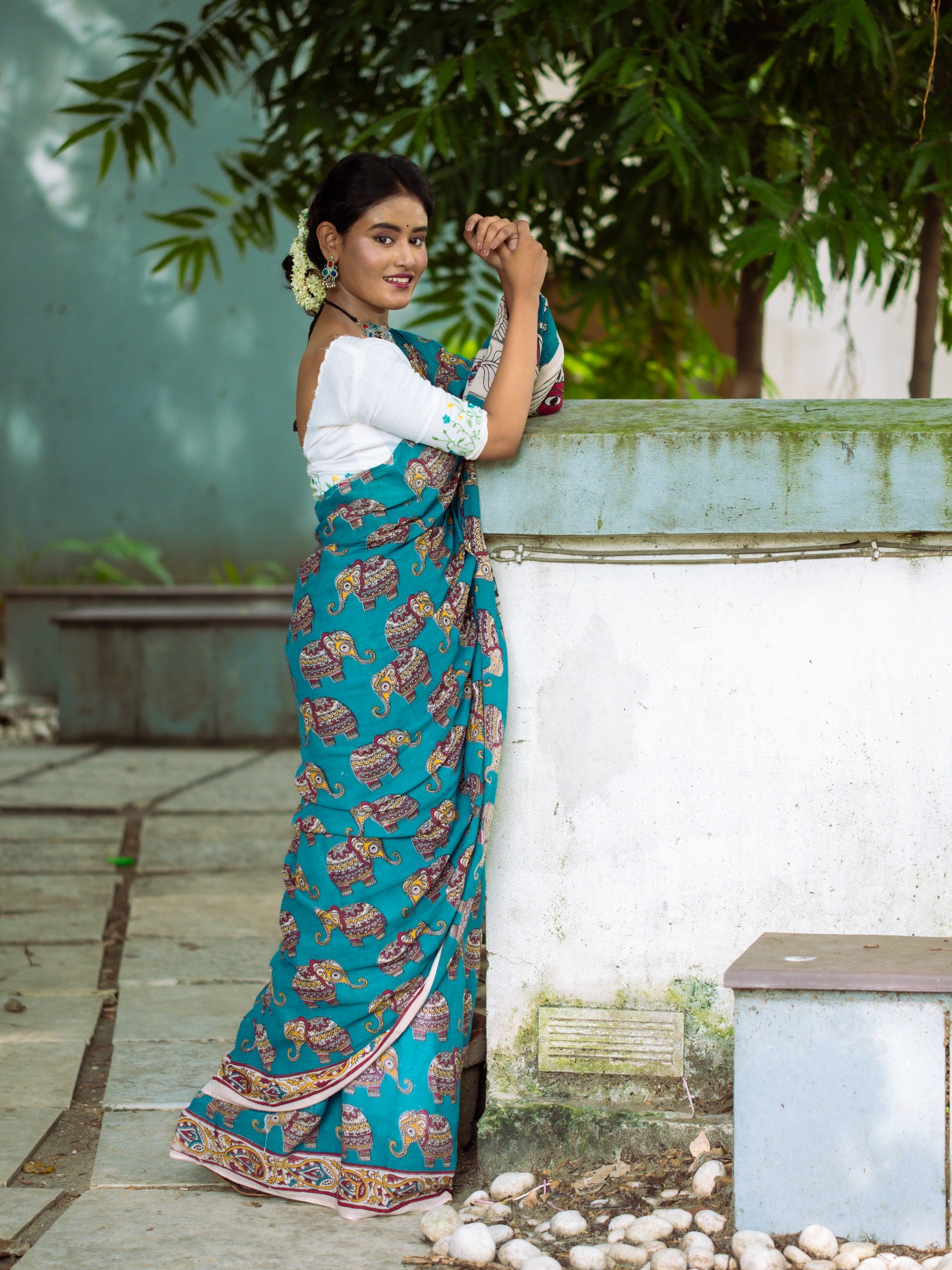 Aqua Elephant Motifs Kalamkari Cotton Saree