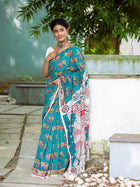 Aqua Elephant Motifs Kalamkari Cotton Saree - Uttariya