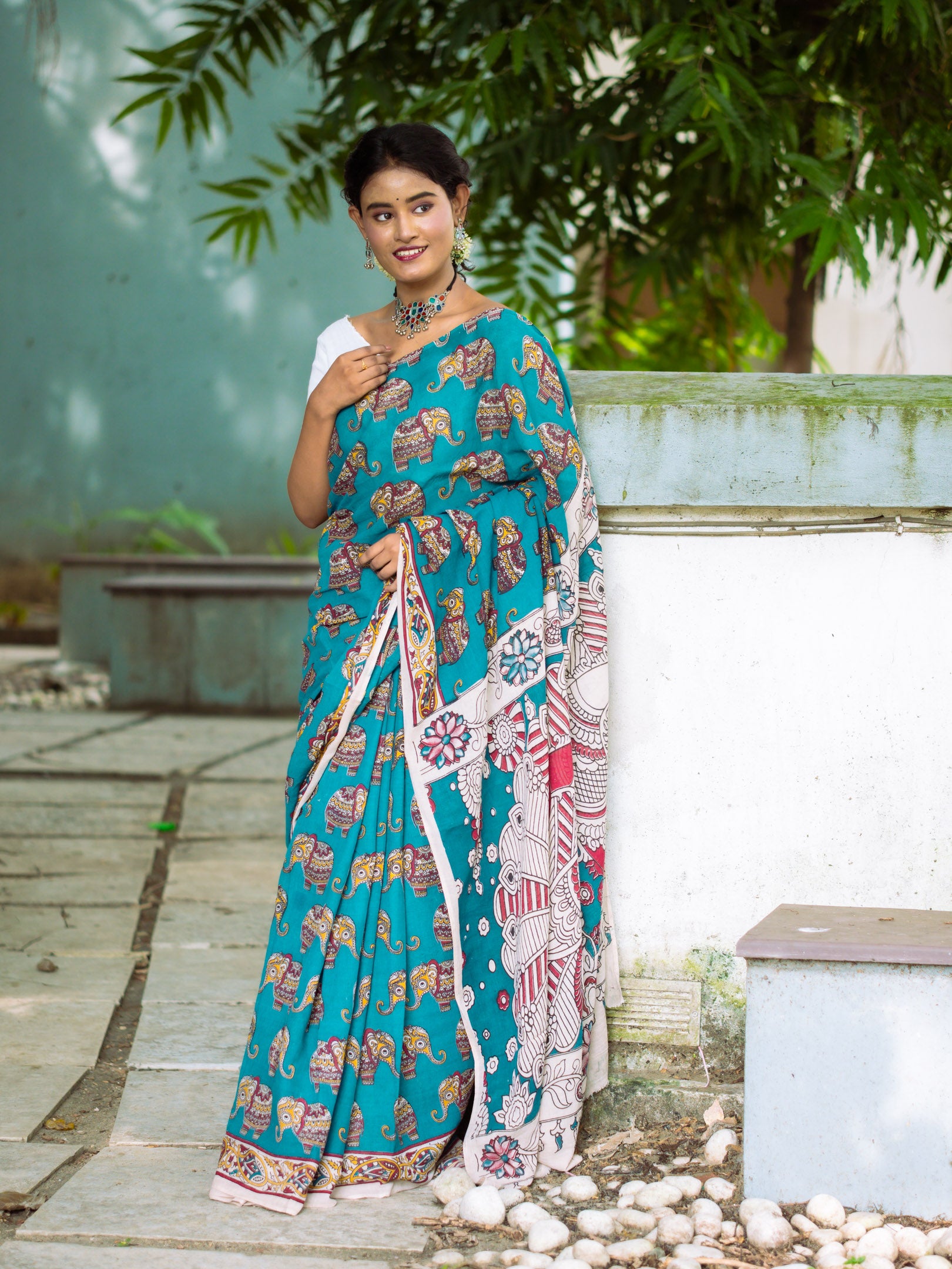 Aqua Elephant Motifs Kalamkari Cotton Saree