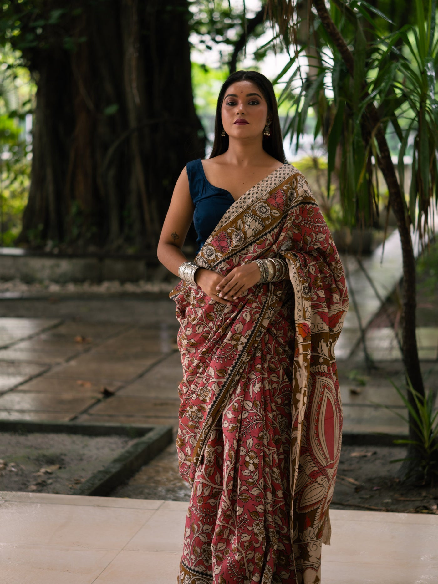 Rosewood Trellis Kalamkari Cotton Saree - Uttariya