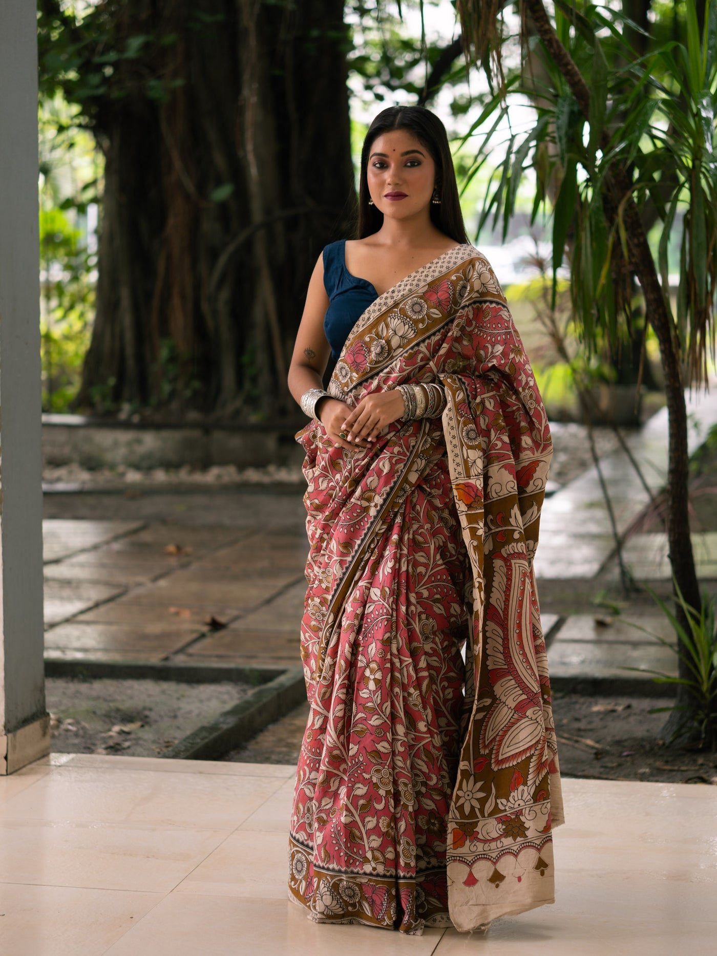 Rosewood Trellis Kalamkari Cotton Saree - Uttariya