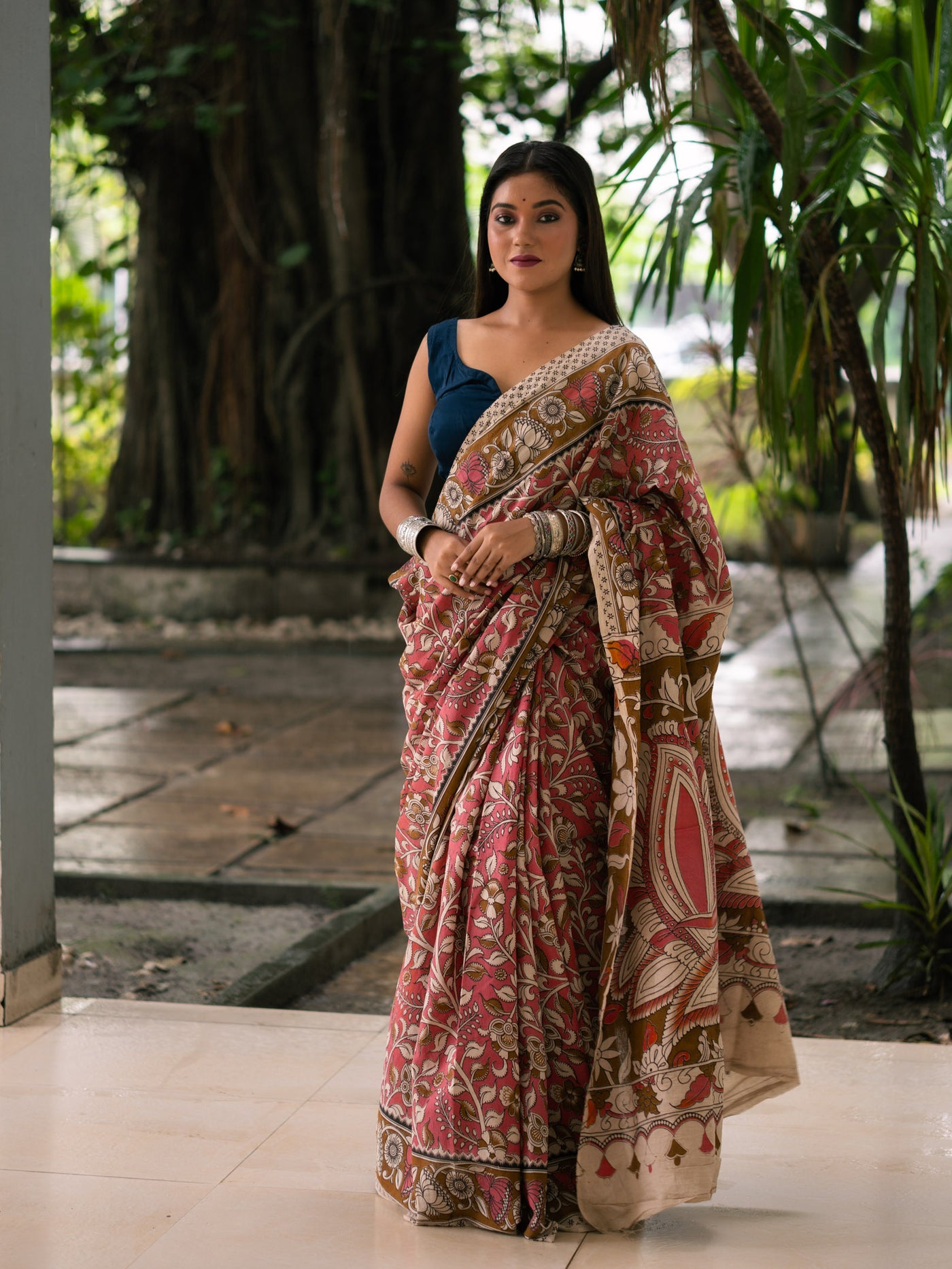 Rosewood Trellis Kalamkari Cotton Saree - Uttariya