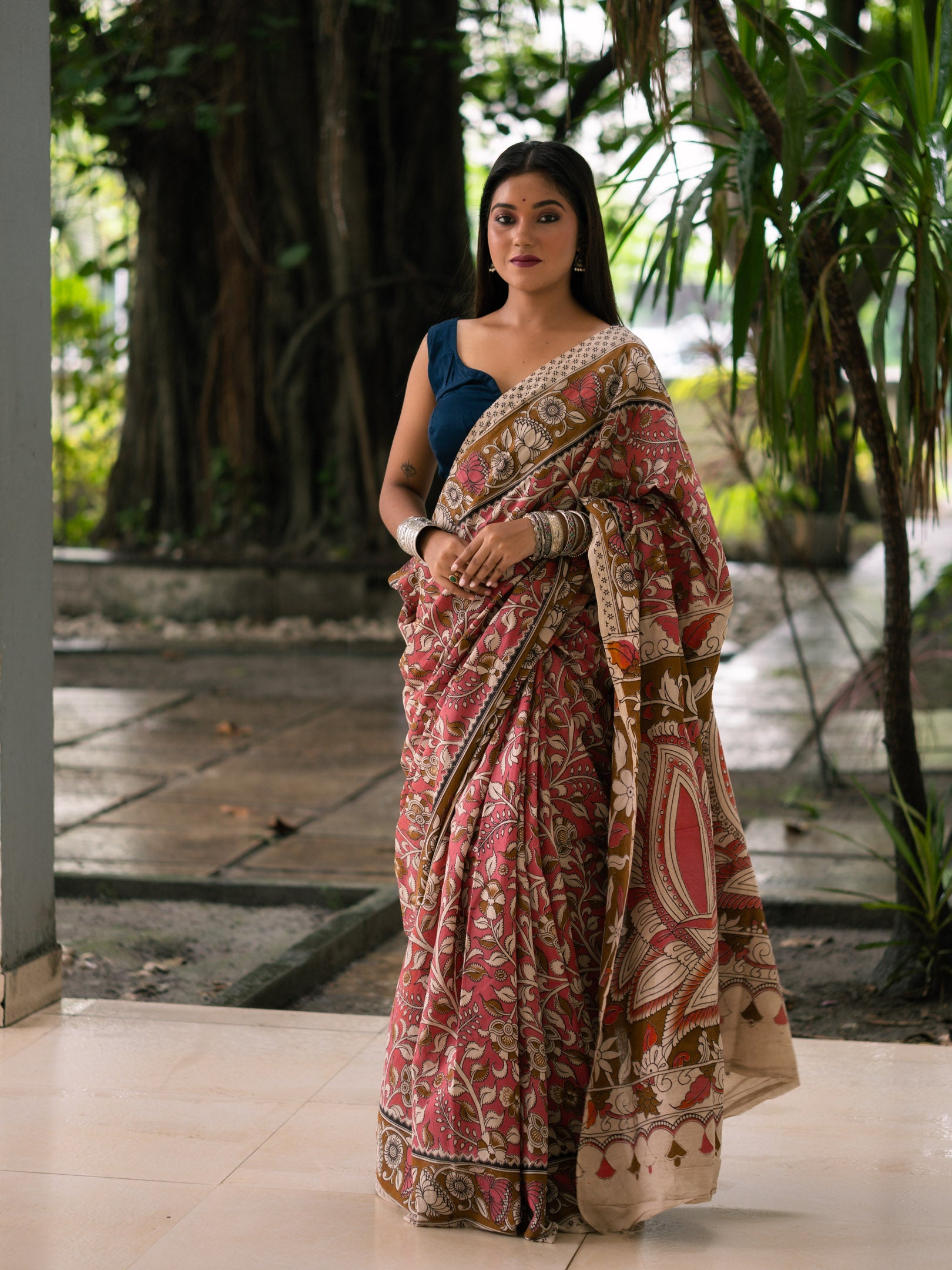 Rosewood Trellis Kalamkari Cotton Saree
