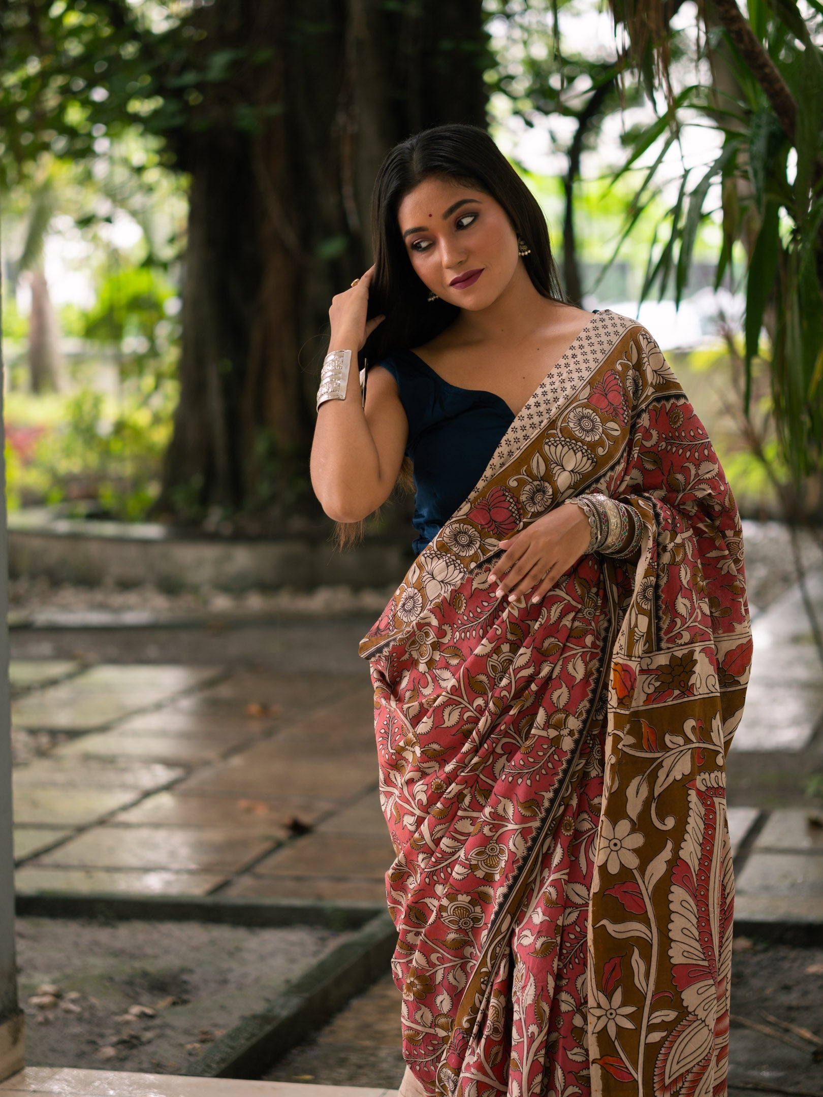 Rosewood Trellis Kalamkari Cotton Saree