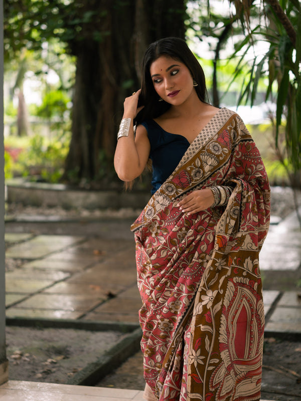 Rosewood Trellis Kalamkari Cotton Saree - Uttariya