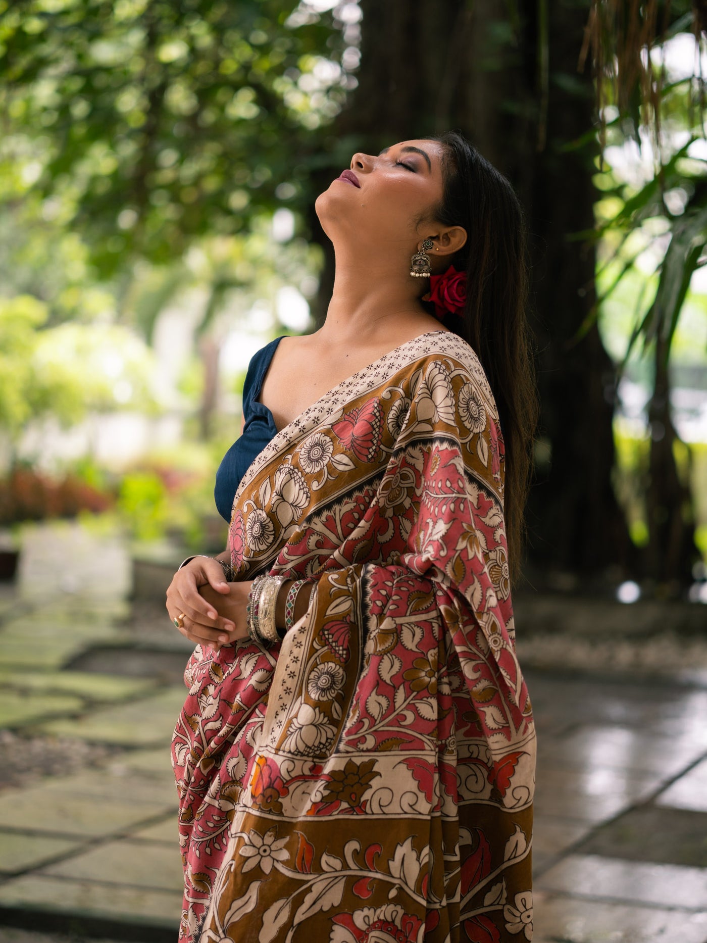 Rosewood Trellis Kalamkari Cotton Saree - Uttariya