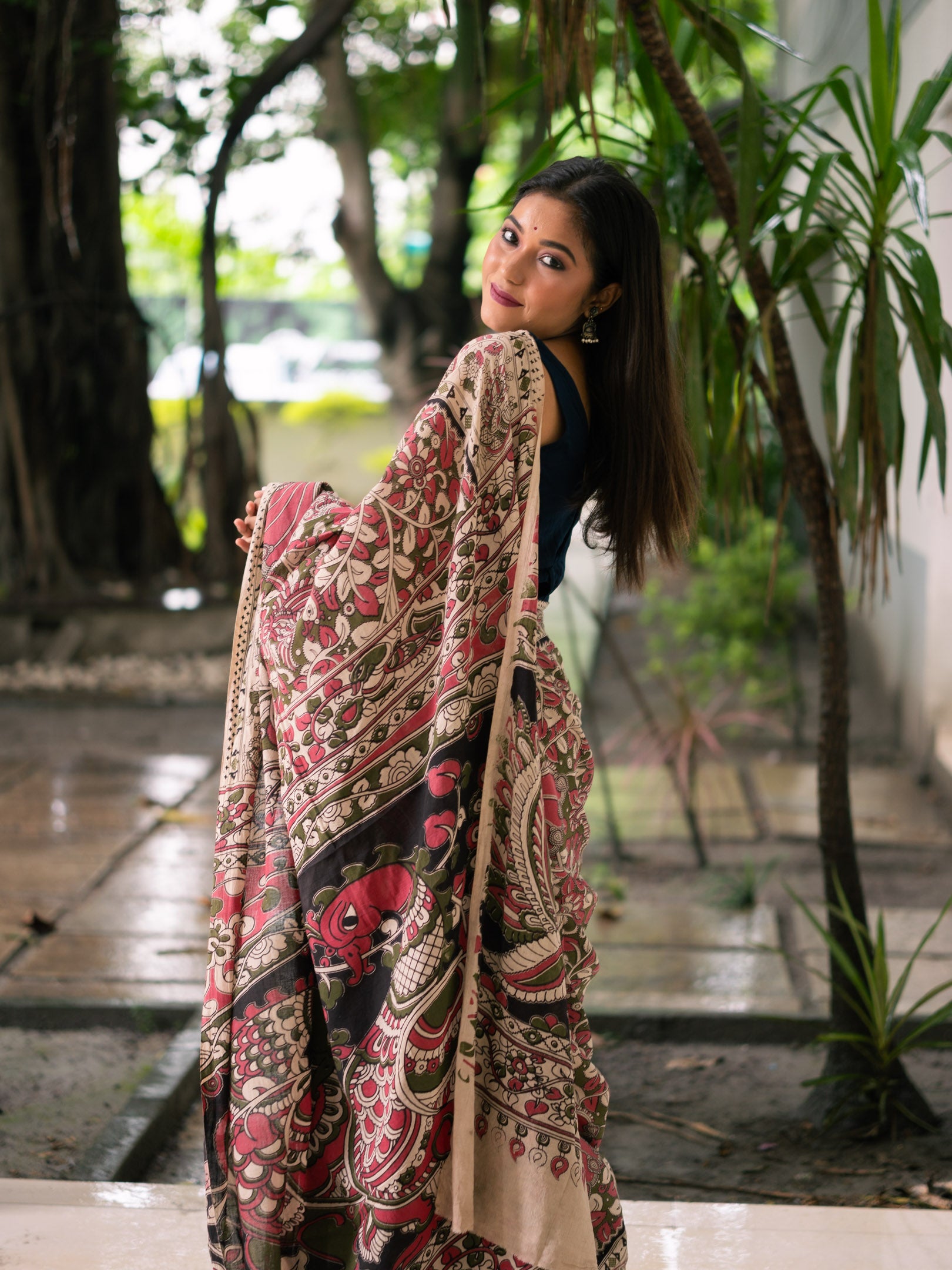 Cocoa Rose Aviary Kalamkari Cotton Saree