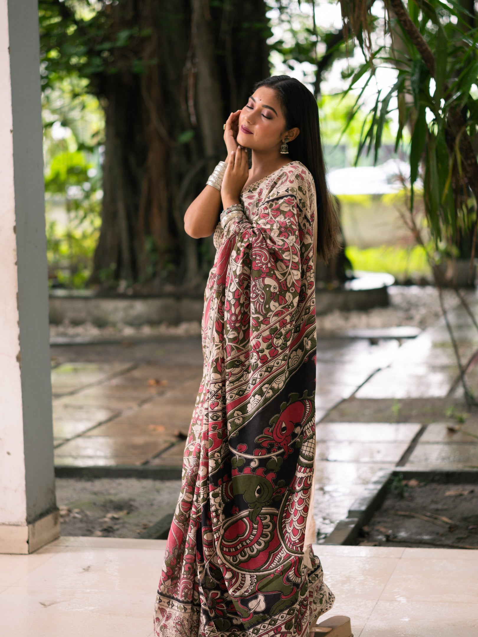 Cocoa Rose Aviary Kalamkari Cotton Saree