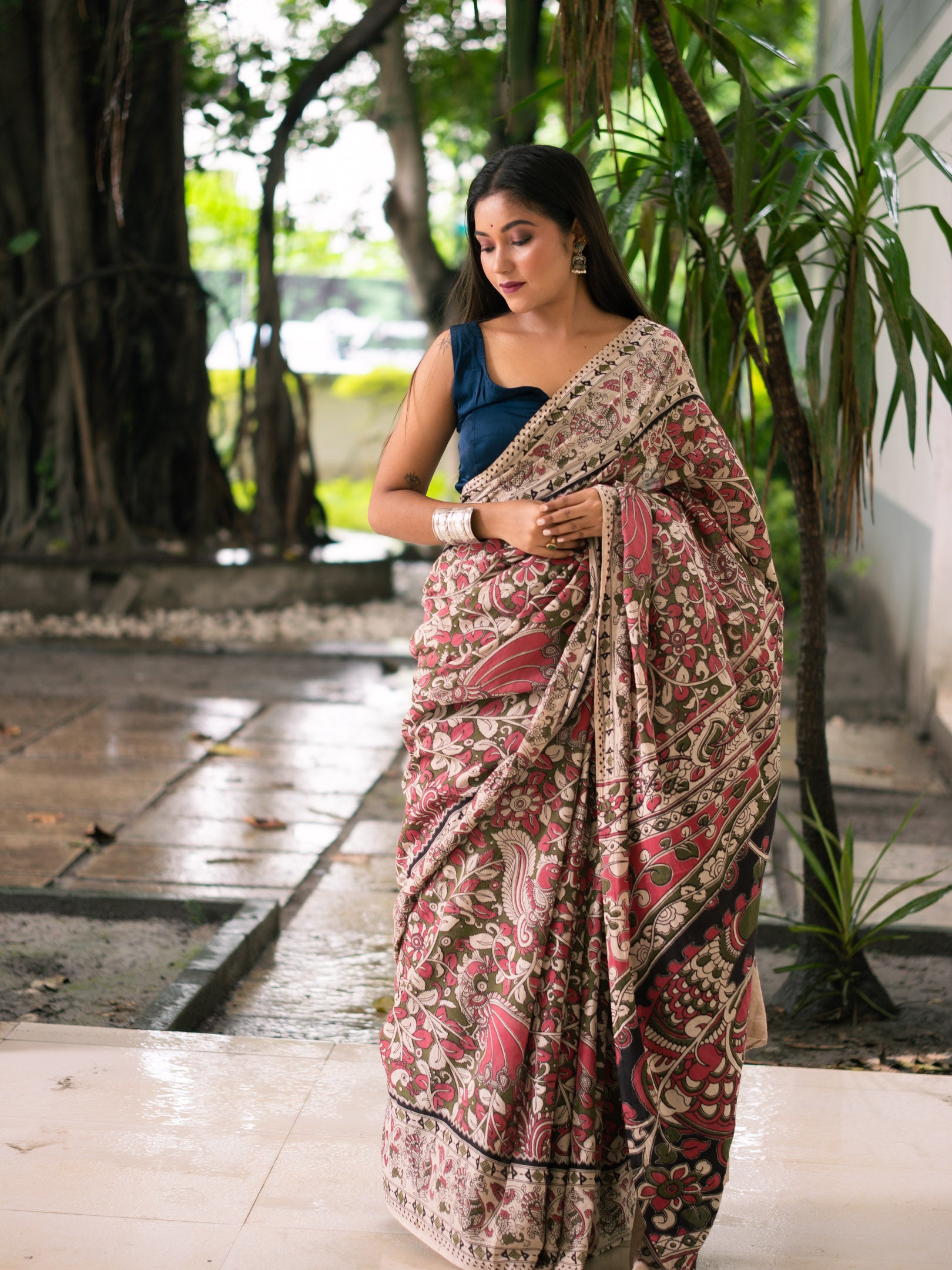 Cocoa Rose Aviary Kalamkari Cotton Saree
