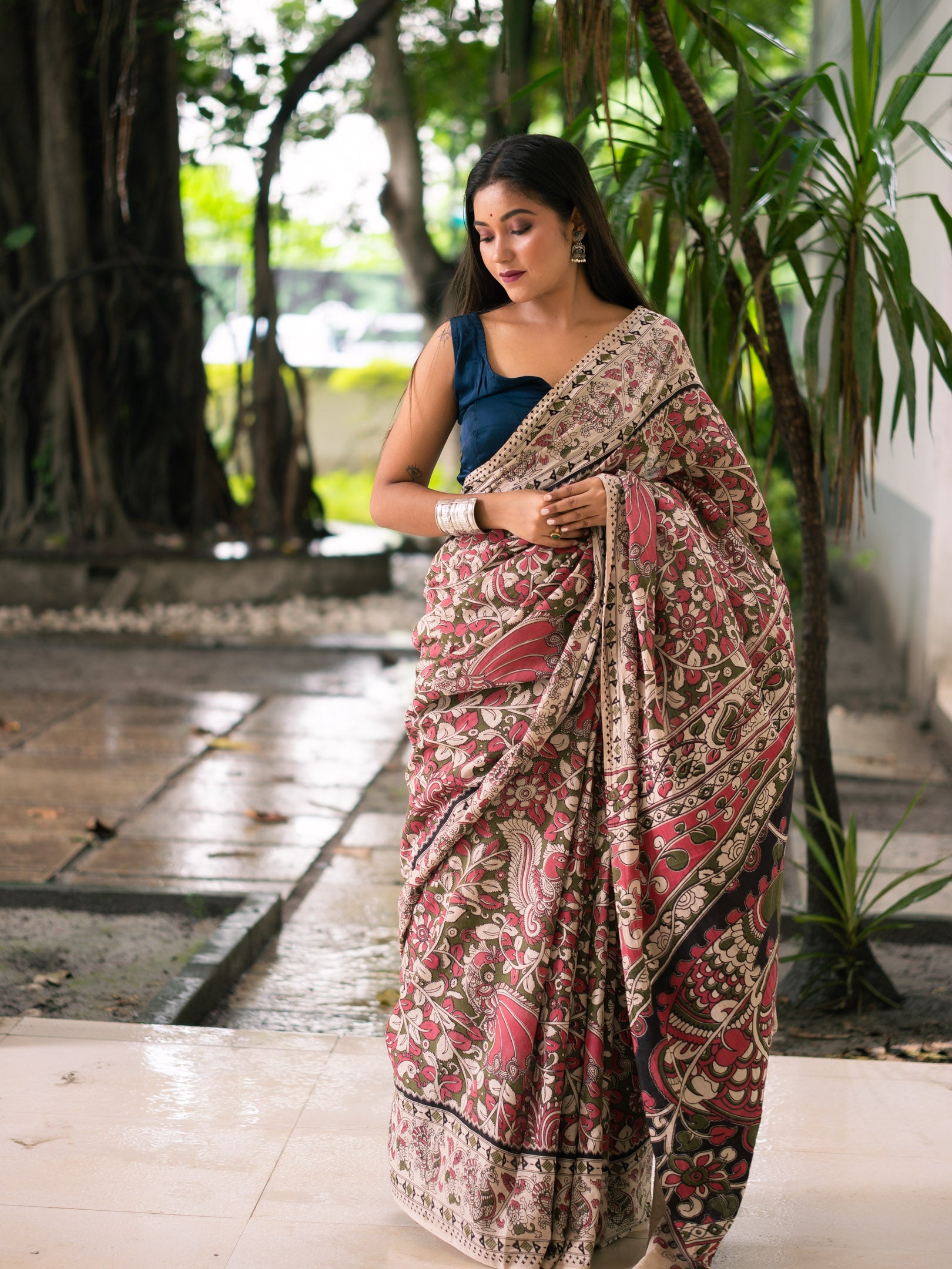 Cocoa Rose Aviary Kalamkari Cotton Saree
