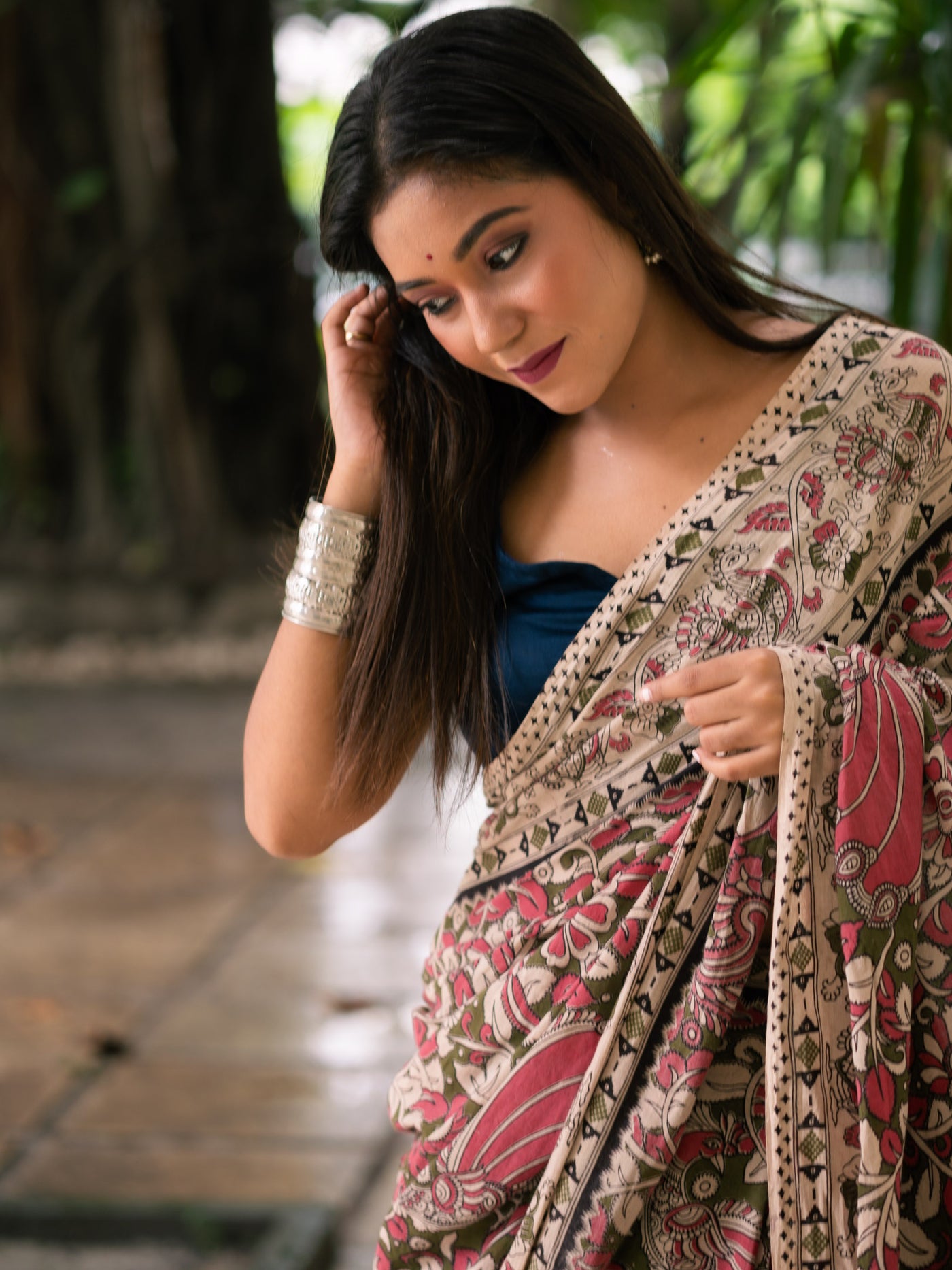 Cocoa Rose Aviary Kalamkari Cotton Saree