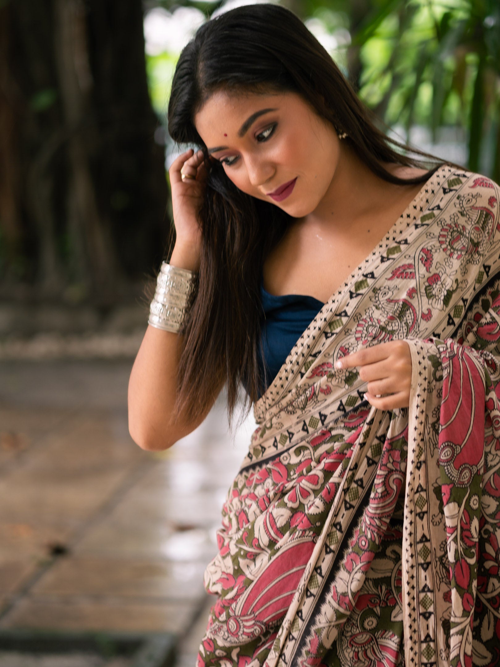 Cocoa Rose Aviary Kalamkari Cotton Saree