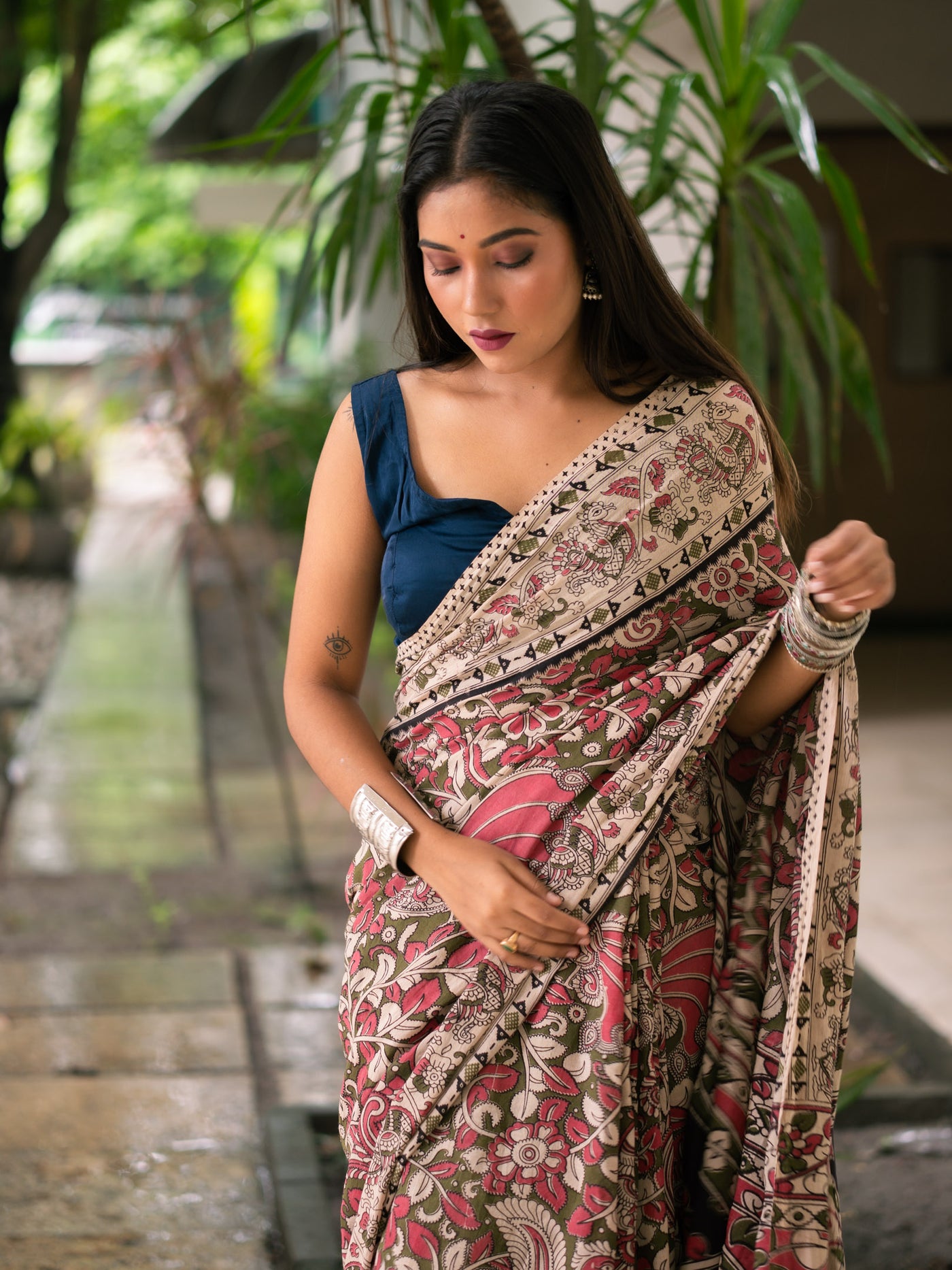 Cocoa Rose Aviary Kalamkari Cotton Saree