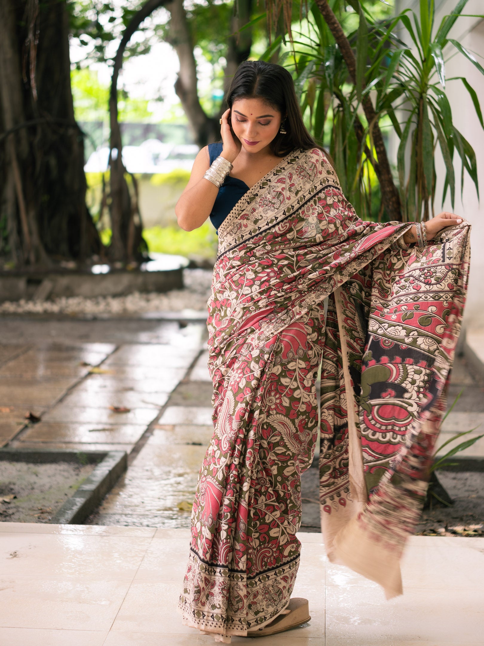 Cocoa Rose Aviary Kalamkari Cotton Saree