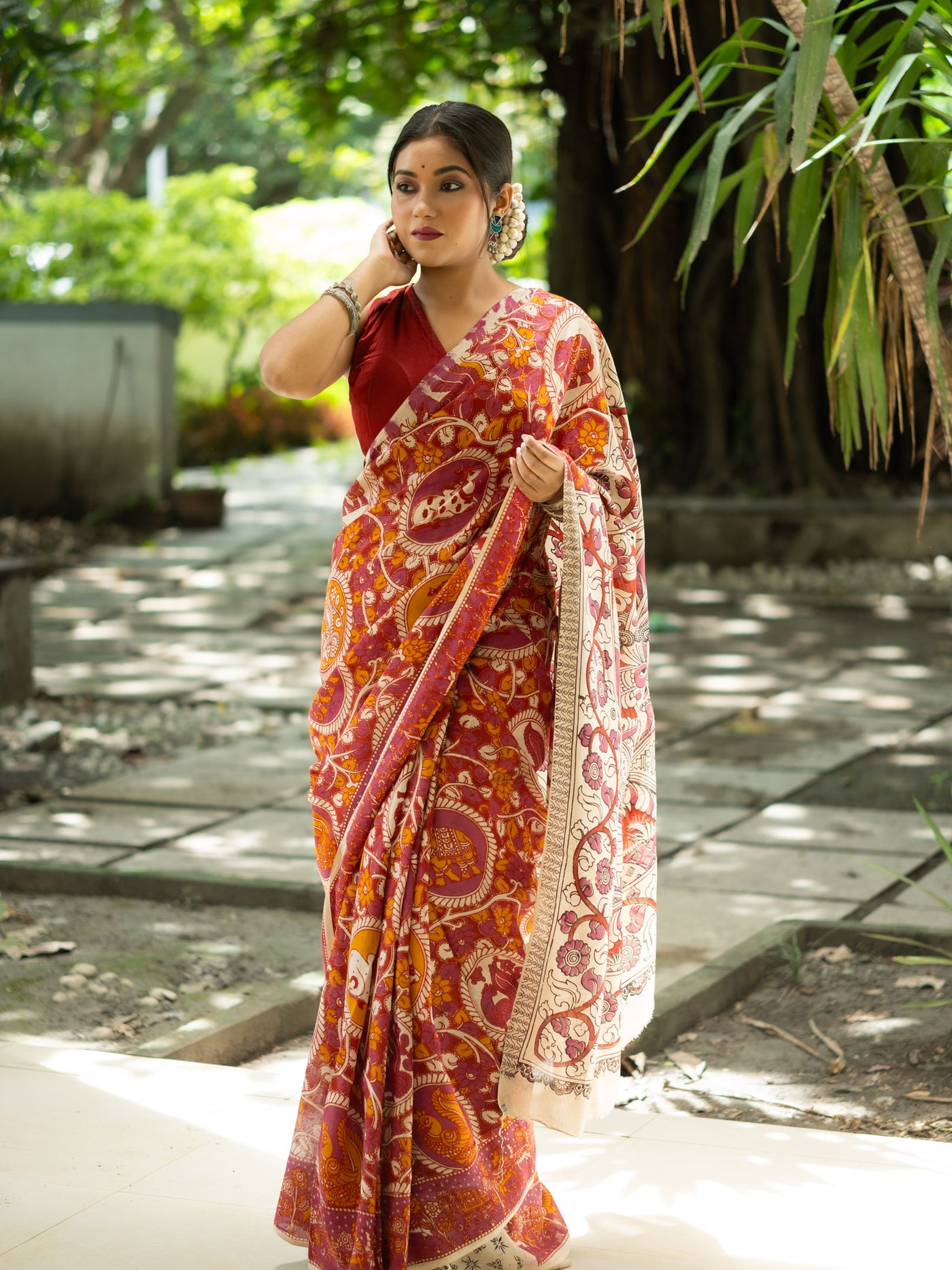 Kalamkari Silk Saree — Rust & Ivory - Uttariya