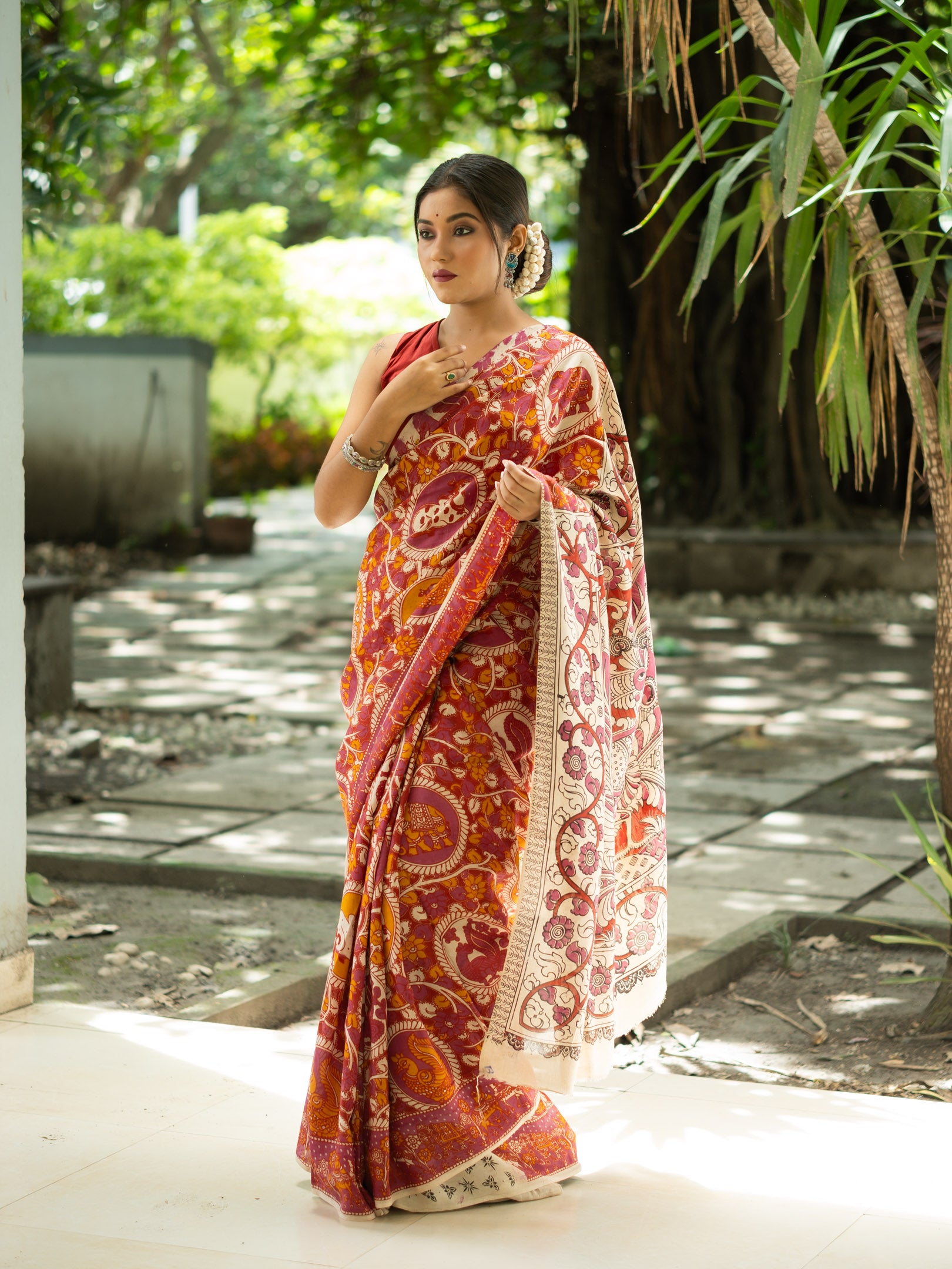 Kalamkari Silk Saree — Rust & Ivory