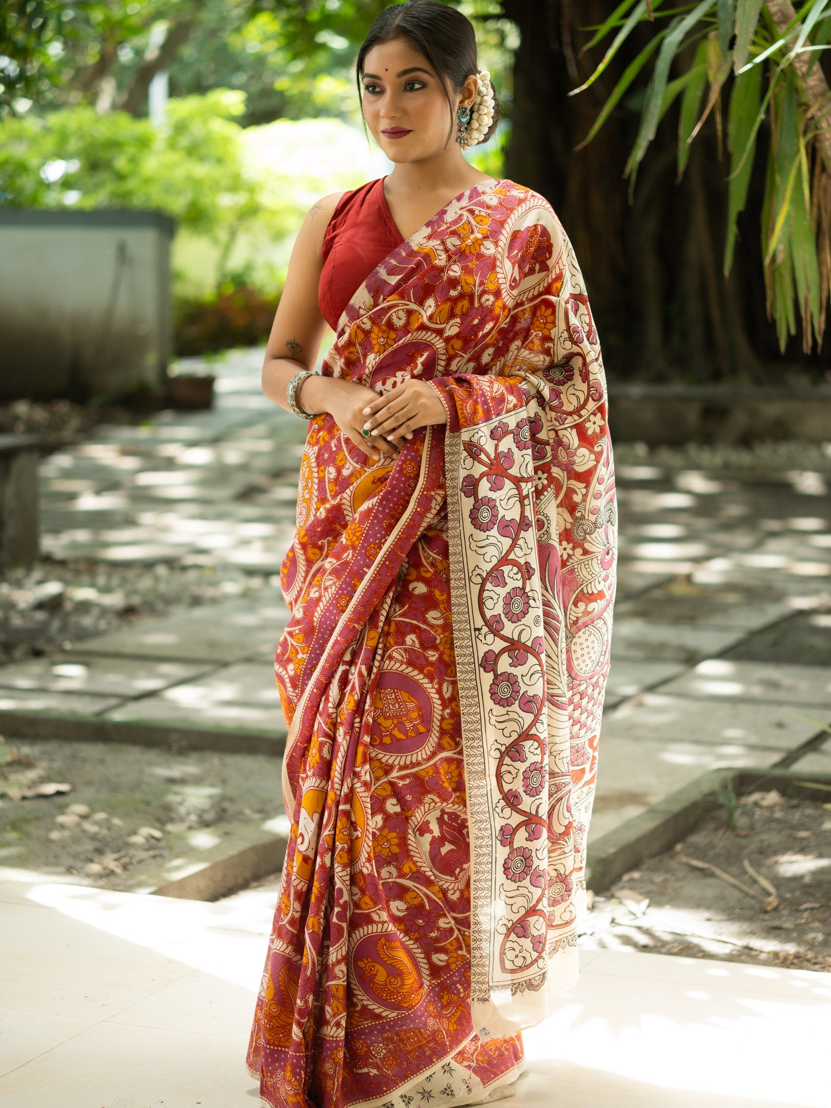 Kalamkari Silk Saree — Rust & Ivory