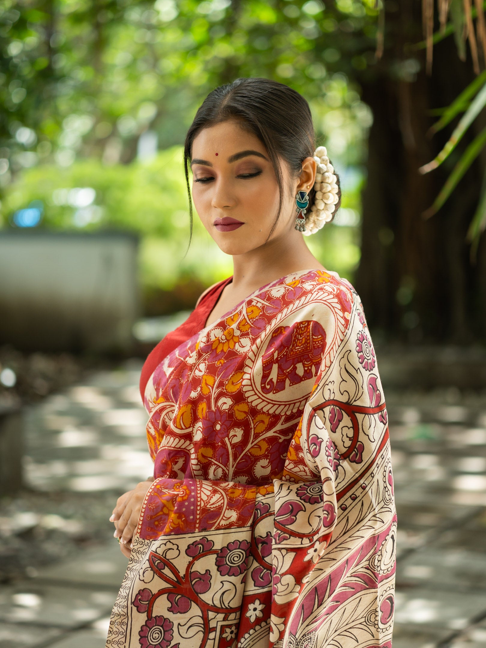 Kalamkari Silk Saree — Rust & Ivory