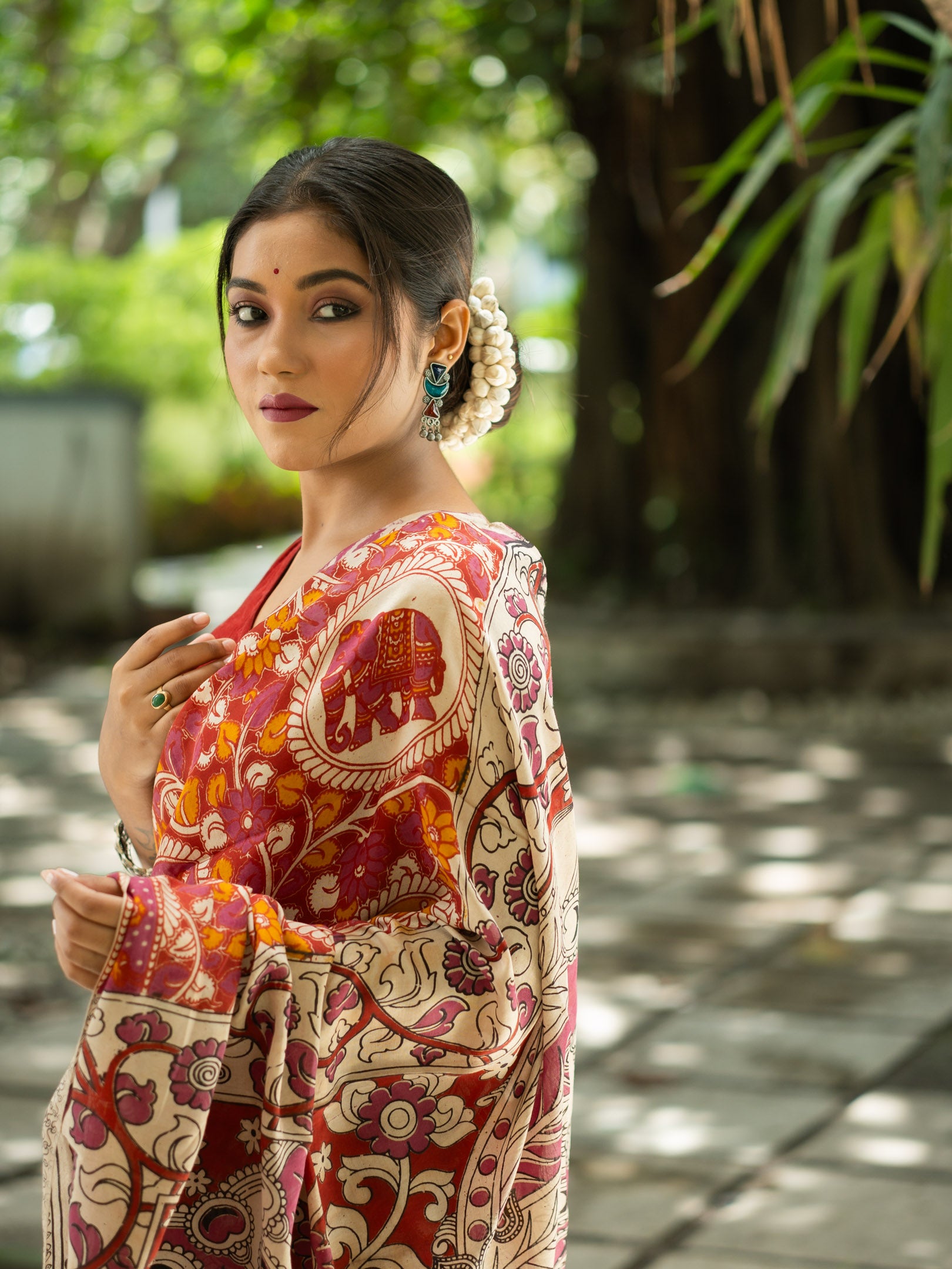 Kalamkari Silk Saree — Rust & Ivory