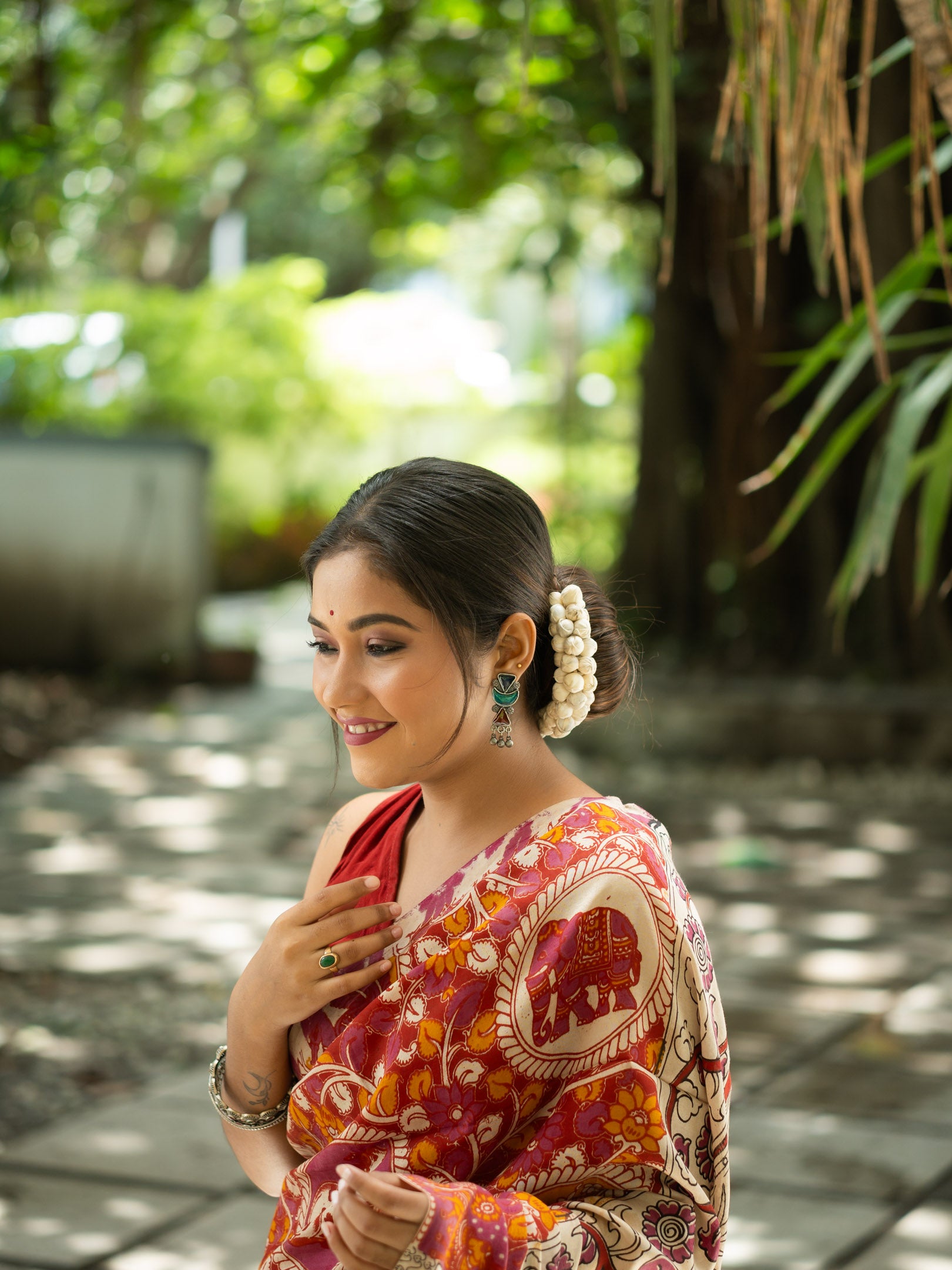 Kalamkari Silk Saree — Rust & Ivory