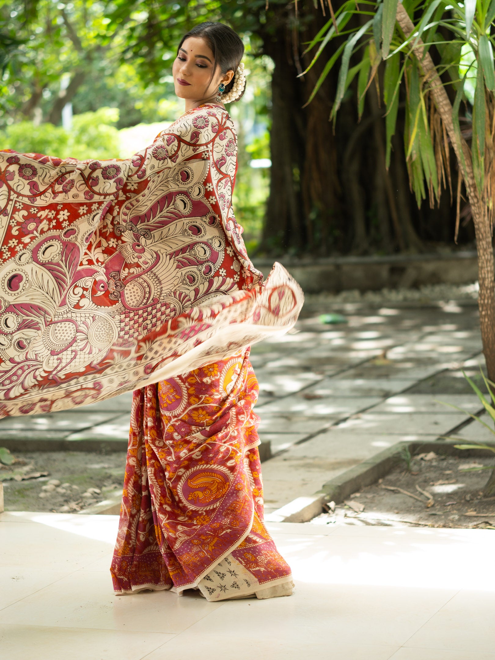 Kalamkari Silk Saree — Rust & Ivory