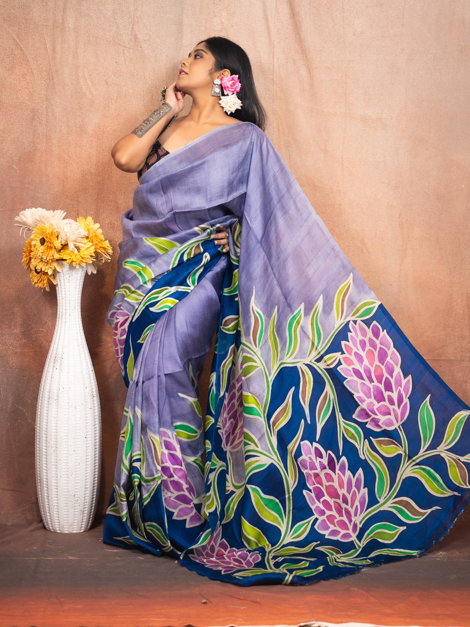 Grape Pure hand painted silk Saree