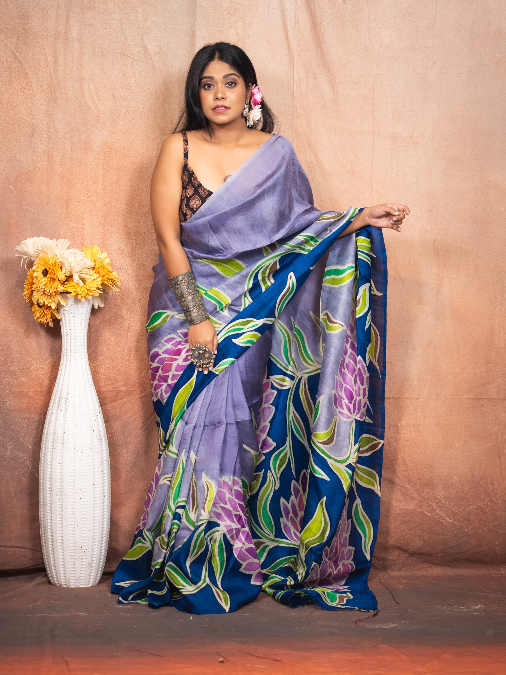 Grape Pure hand painted silk Saree