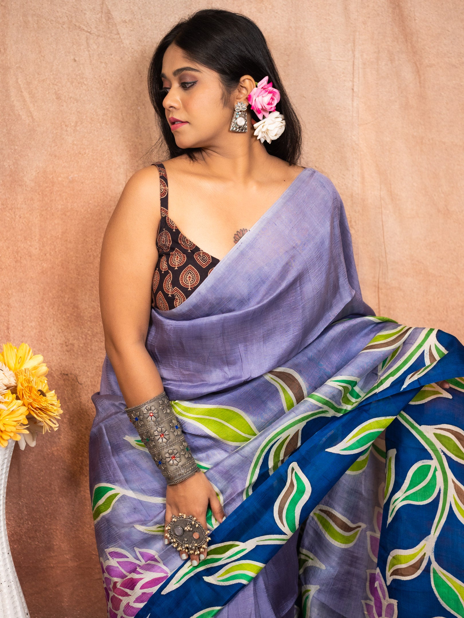 Grape Pure hand painted silk Saree