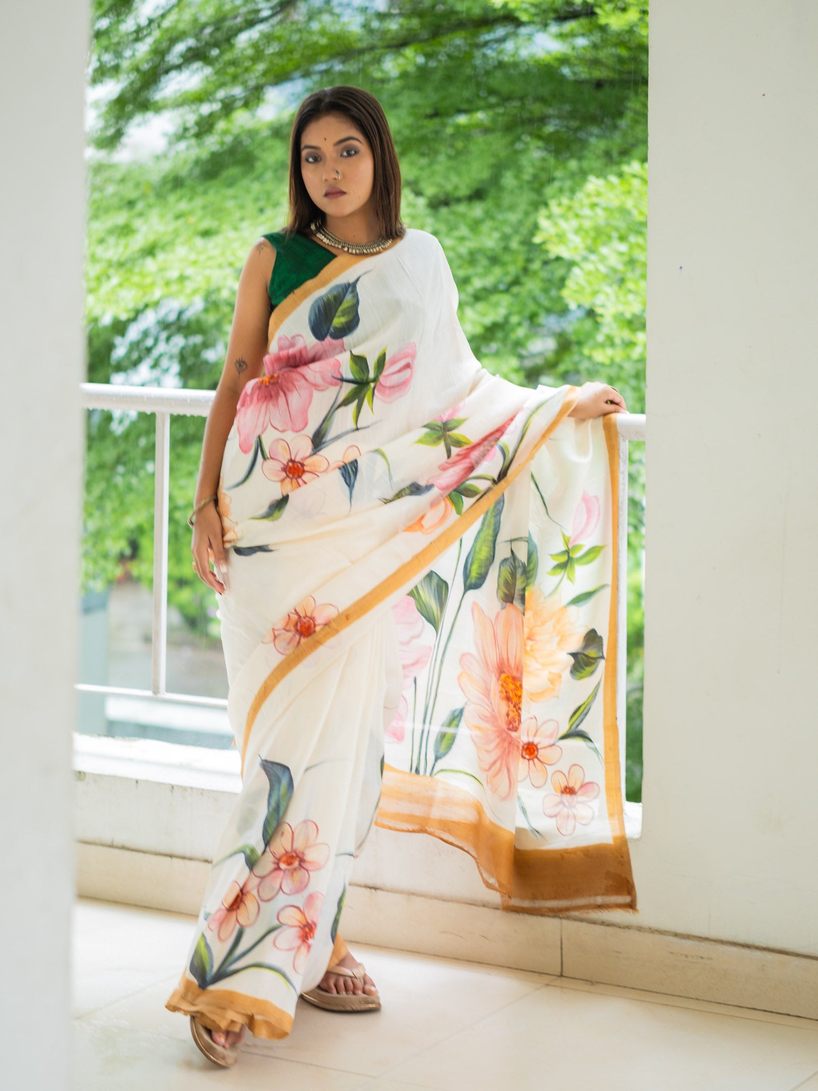 Leafy hand painted silk Saree
