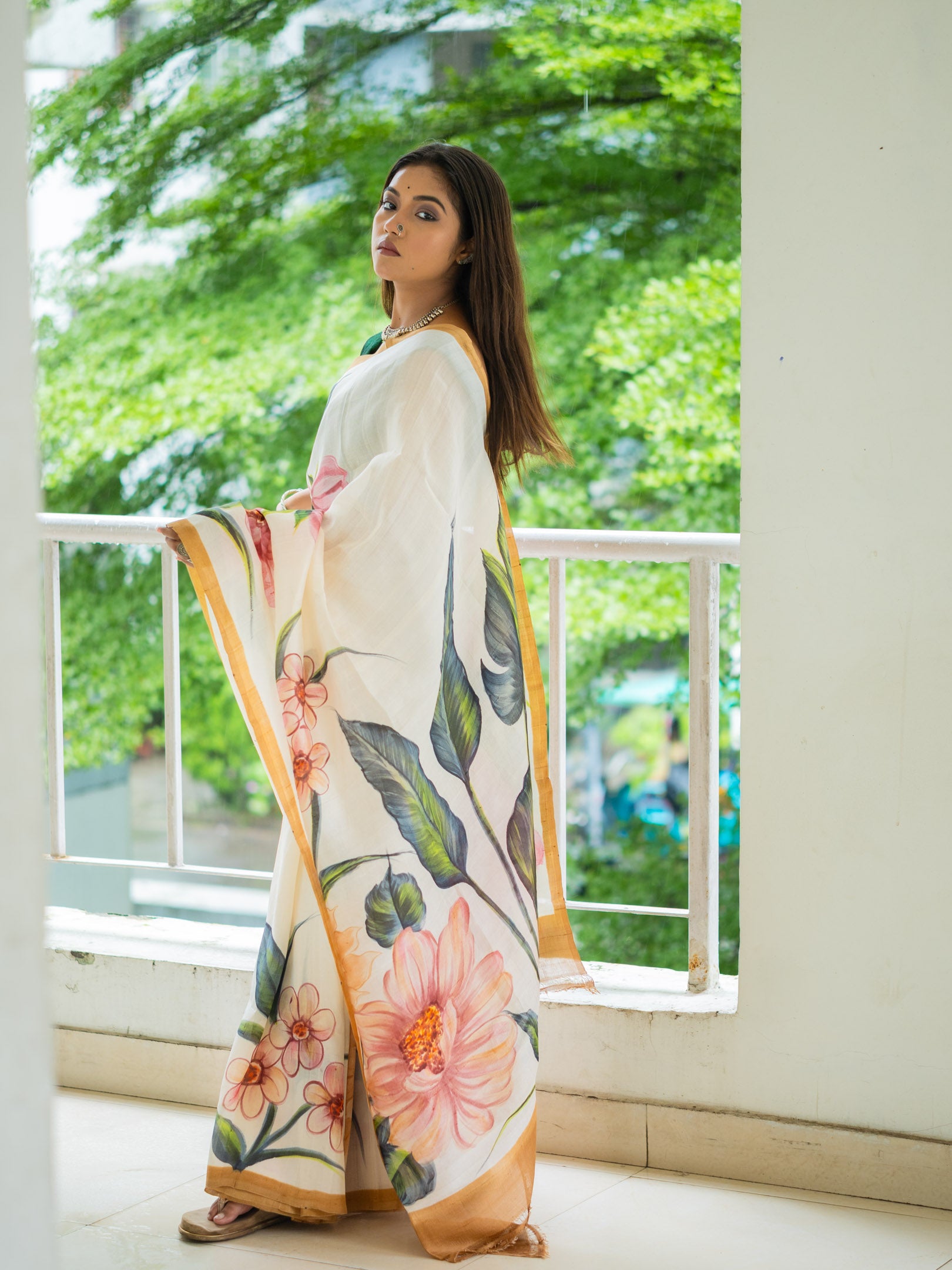 Leafy hand painted silk Saree