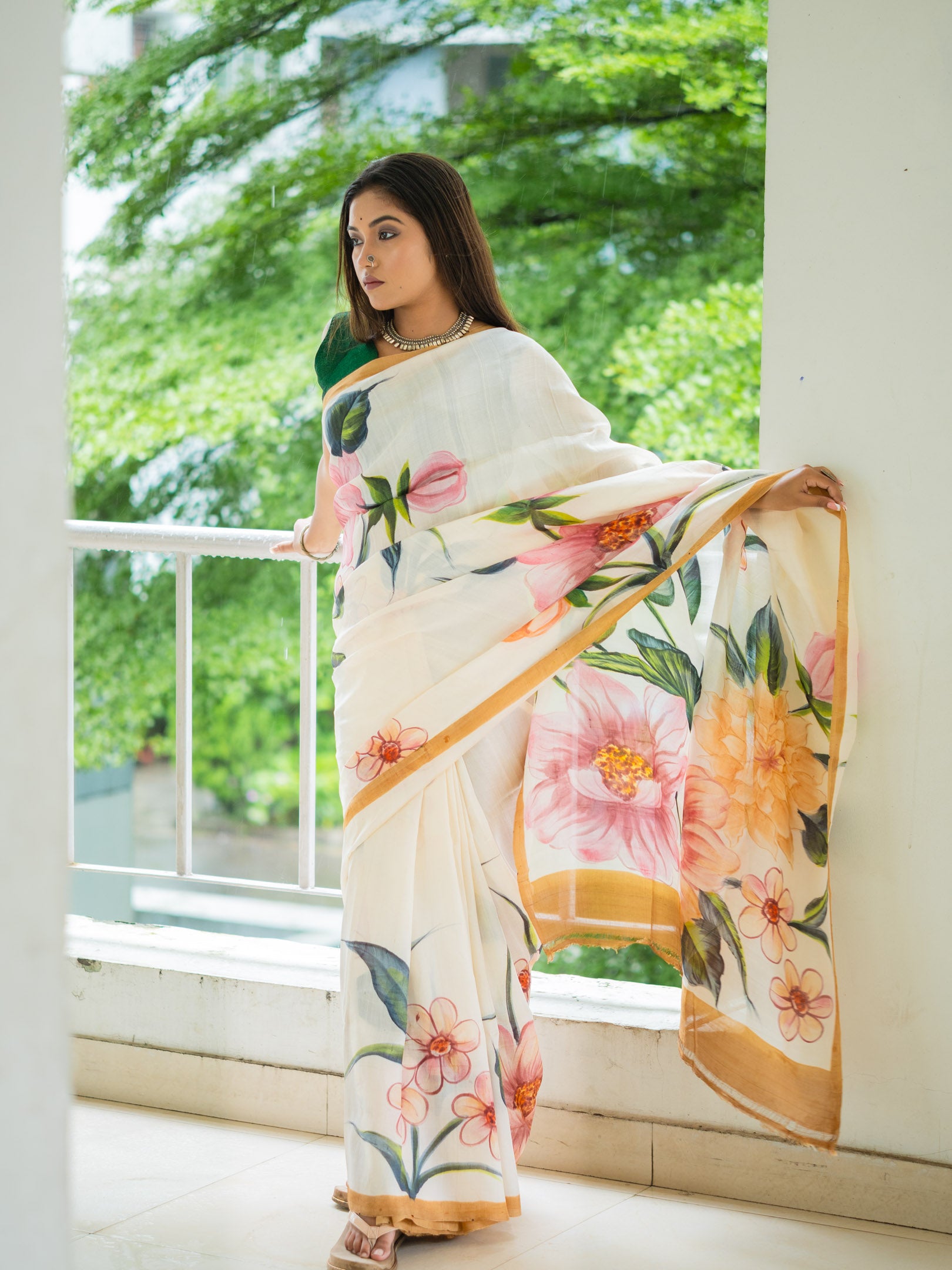 Leafy hand painted silk Saree