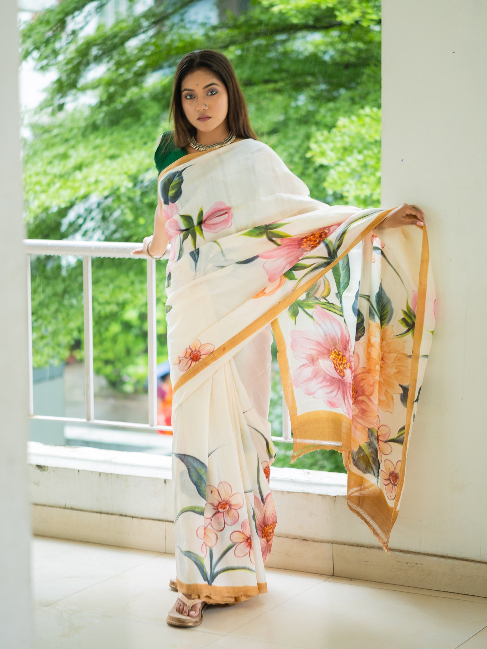 Leafy hand painted silk Saree