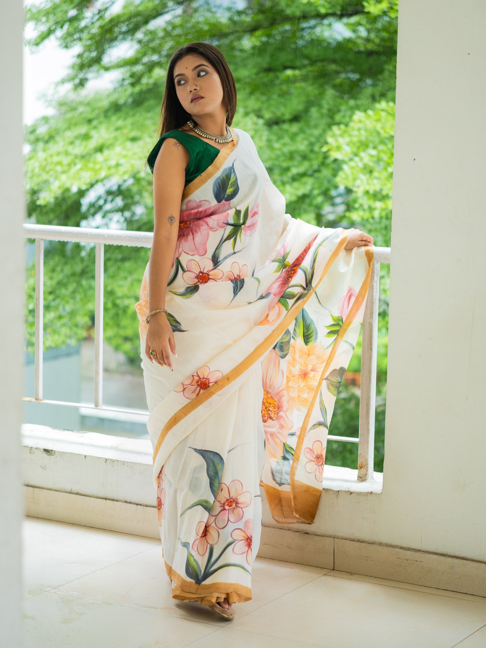 Leafy hand painted silk Saree