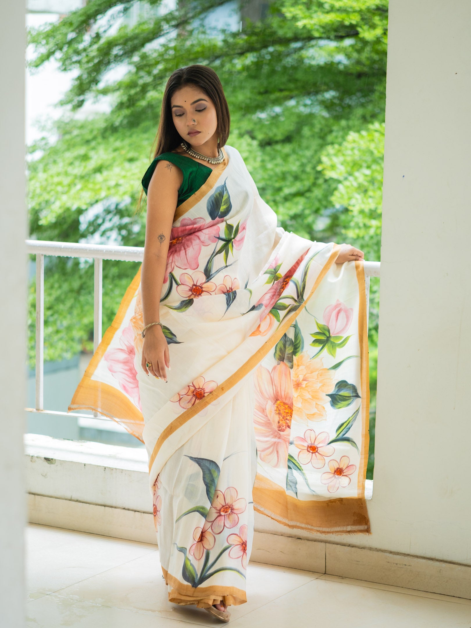 Leafy hand painted silk Saree