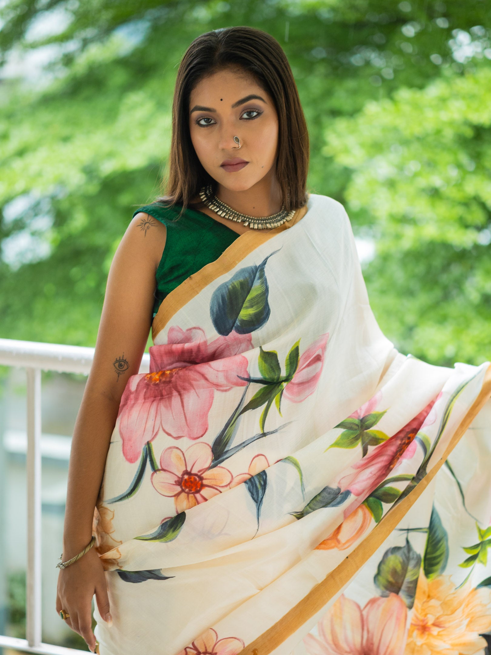 Leafy hand painted silk Saree
