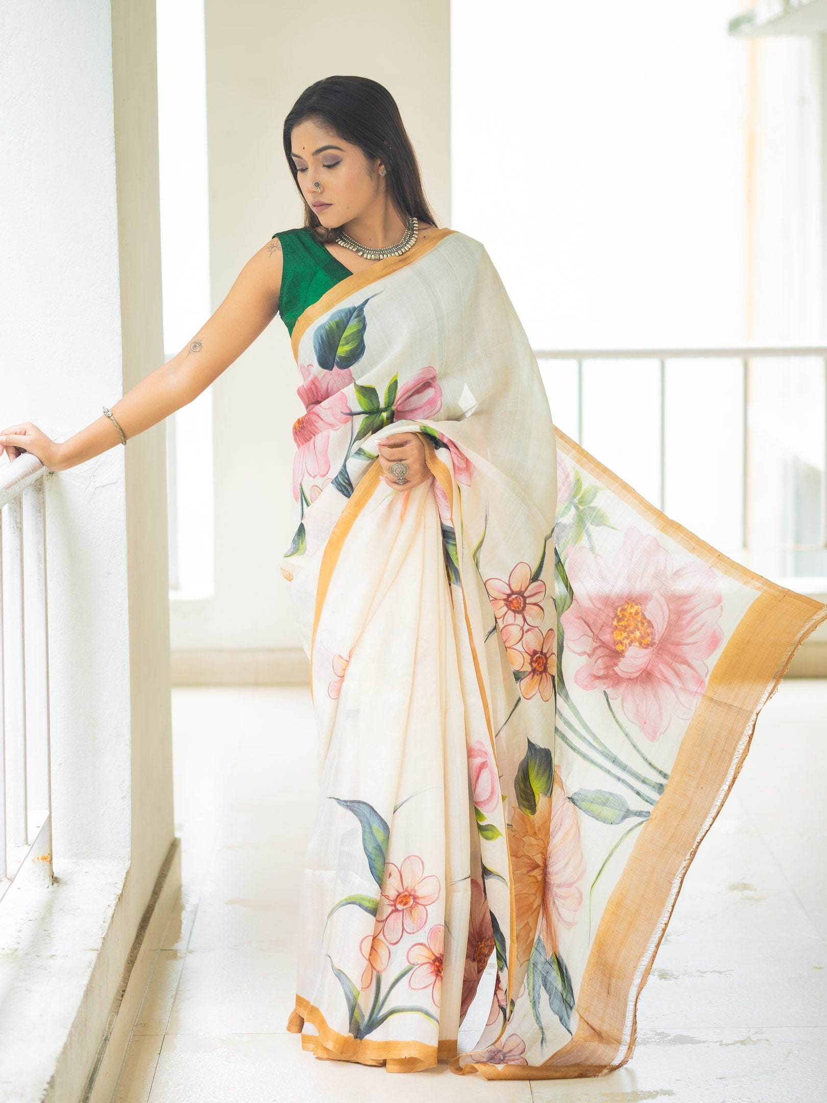 Leafy hand painted silk Saree