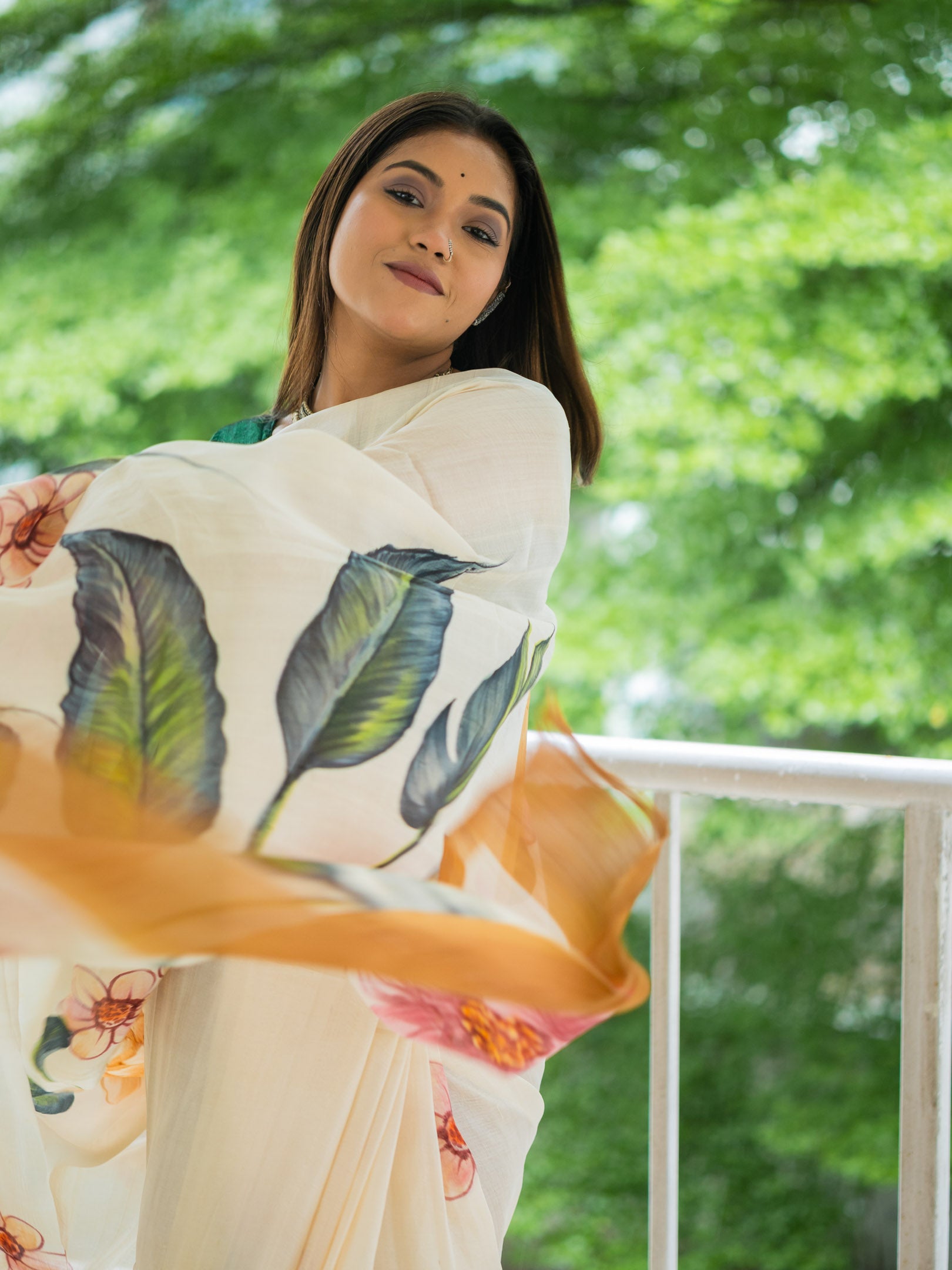 Leafy hand painted silk Saree
