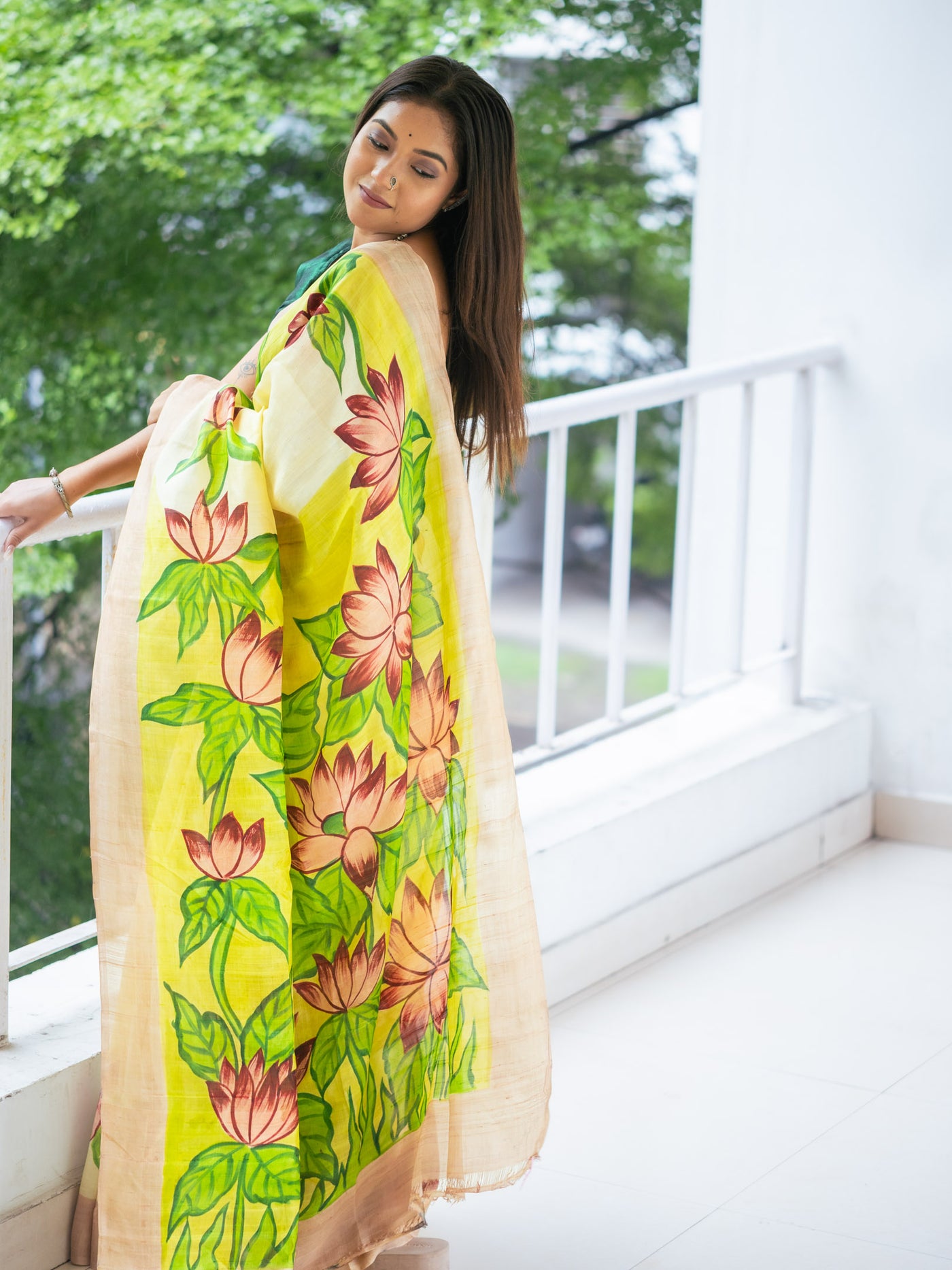 Kheshtra hand painted silk Saree - Uttariya