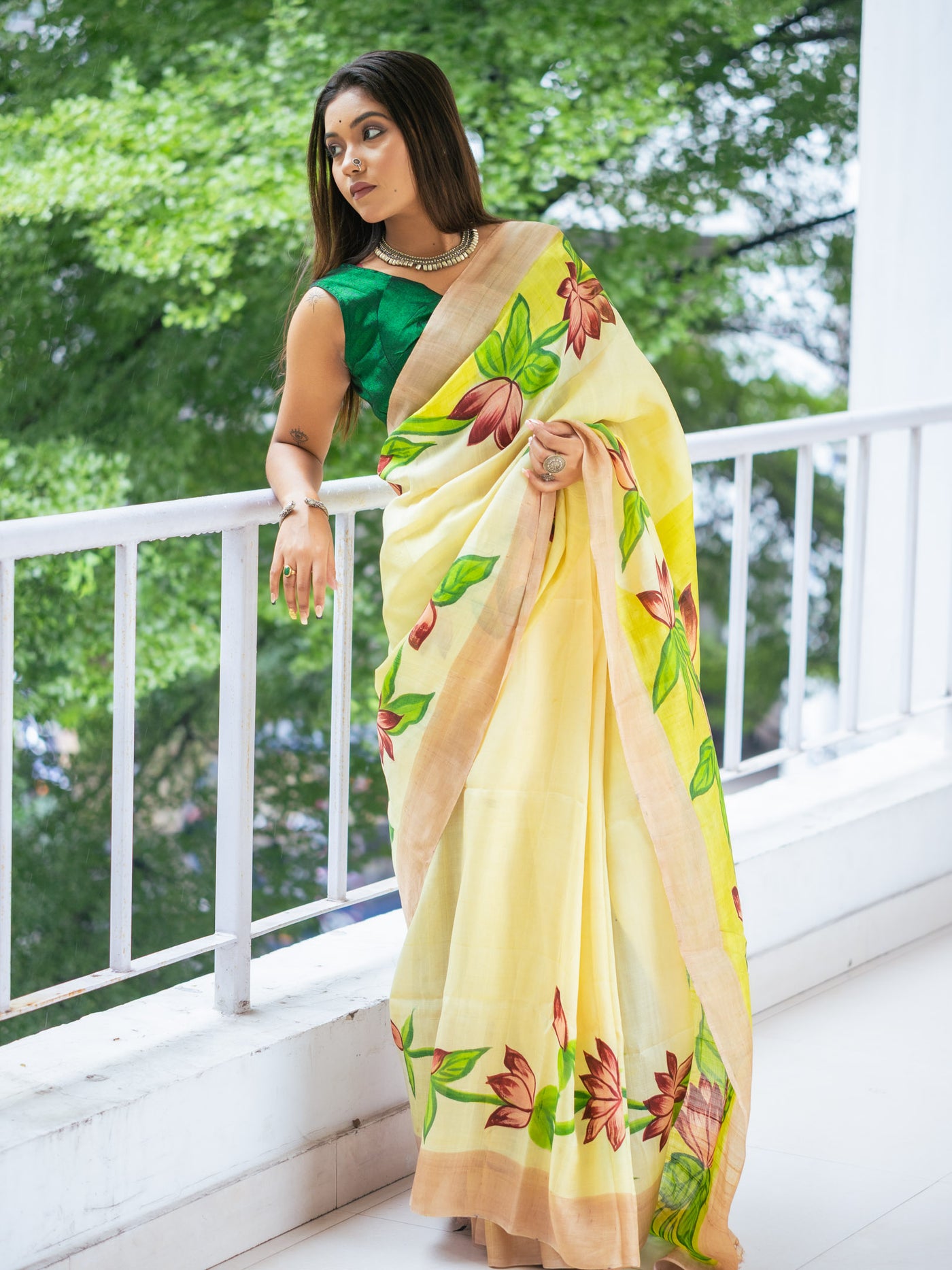 Kheshtra hand painted silk Saree - Uttariya