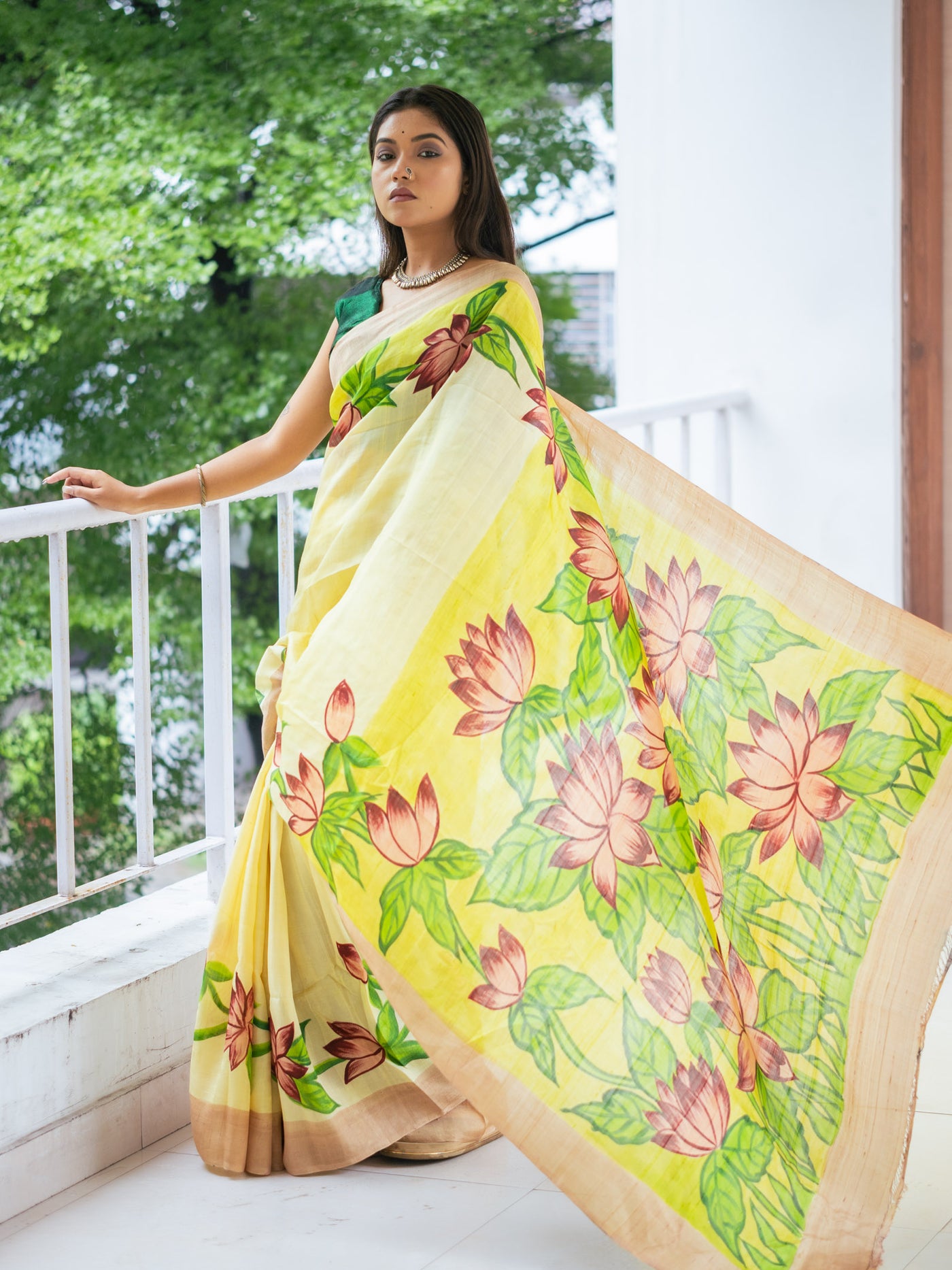 Kheshtra hand painted silk Saree - Uttariya