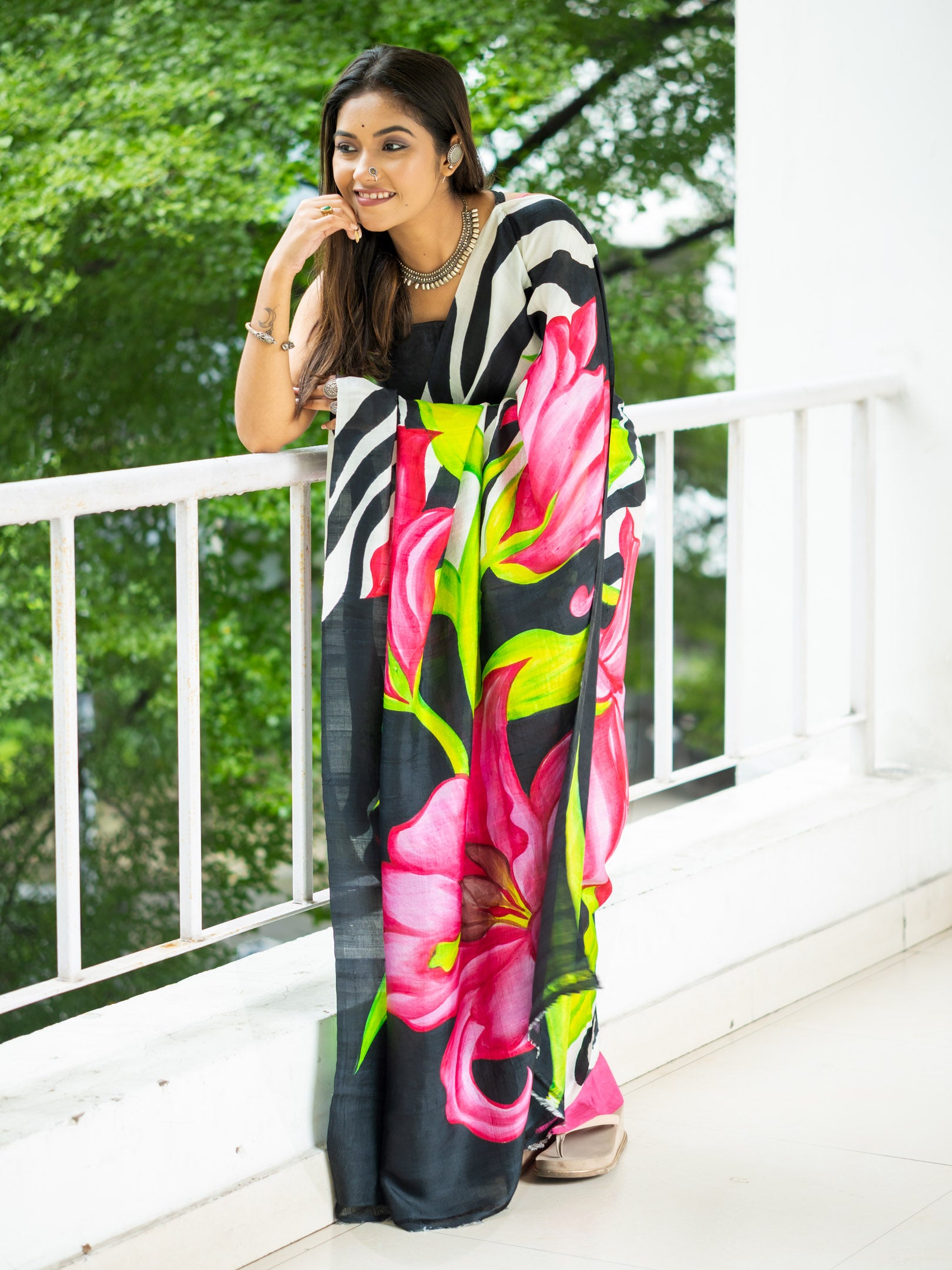 Orchid hand painted silk Saree