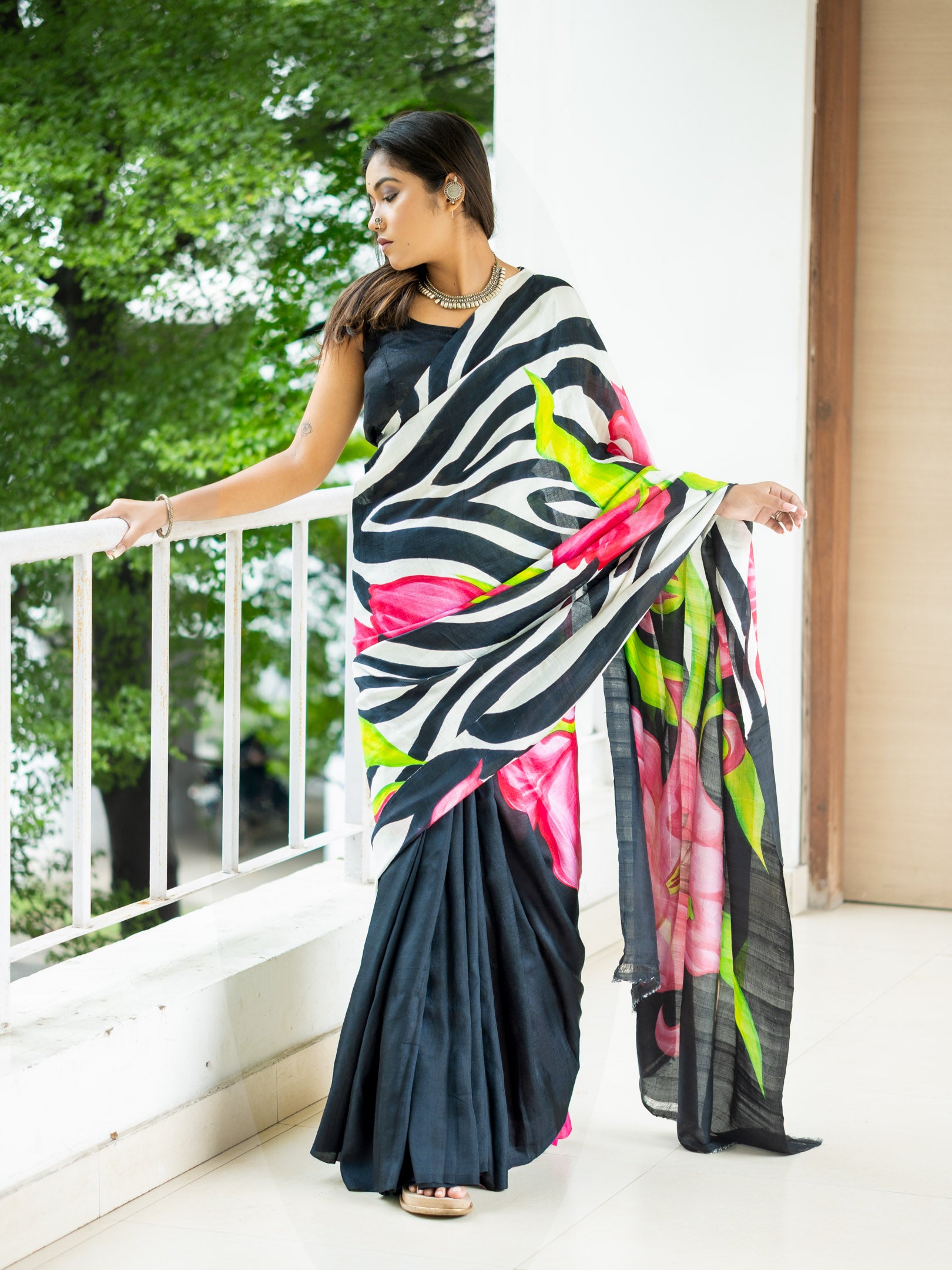 Orchid hand painted silk Saree