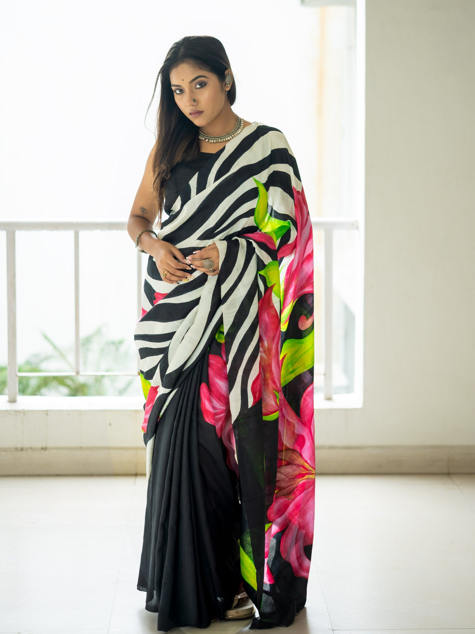 Orchid hand painted silk Saree