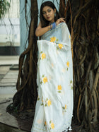 White Handloom Cotton Saree with Floral Embroidery - Uttariya