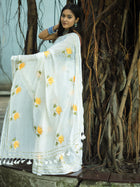 White Handloom Cotton Saree with Floral Embroidery - Uttariya