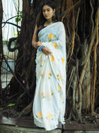 White Handloom Cotton Saree with Floral Embroidery - Uttariya
