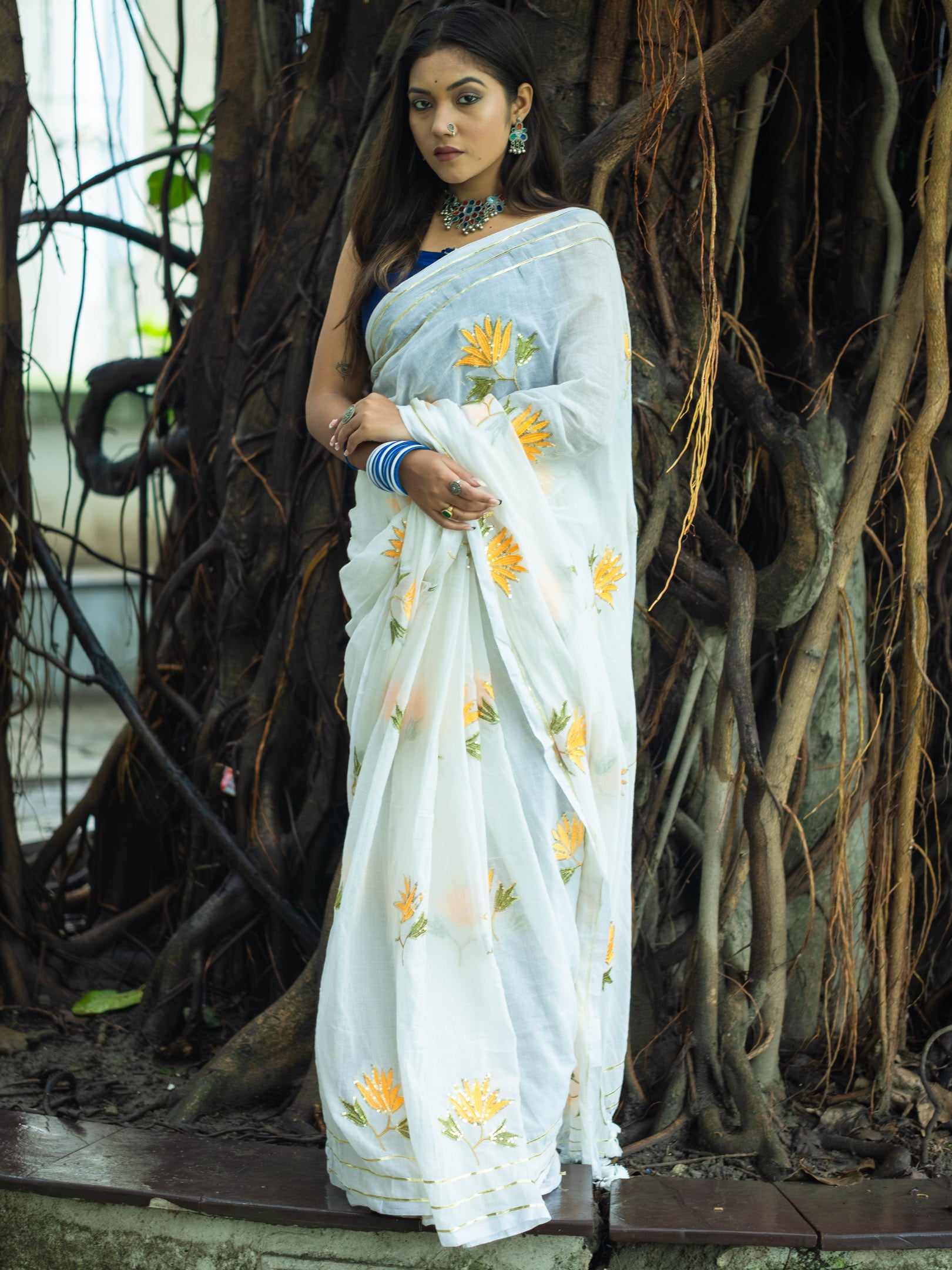 White Handloom Cotton Saree with Floral Embroidery
