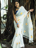 White Handloom Cotton Saree with Floral Embroidery - Uttariya