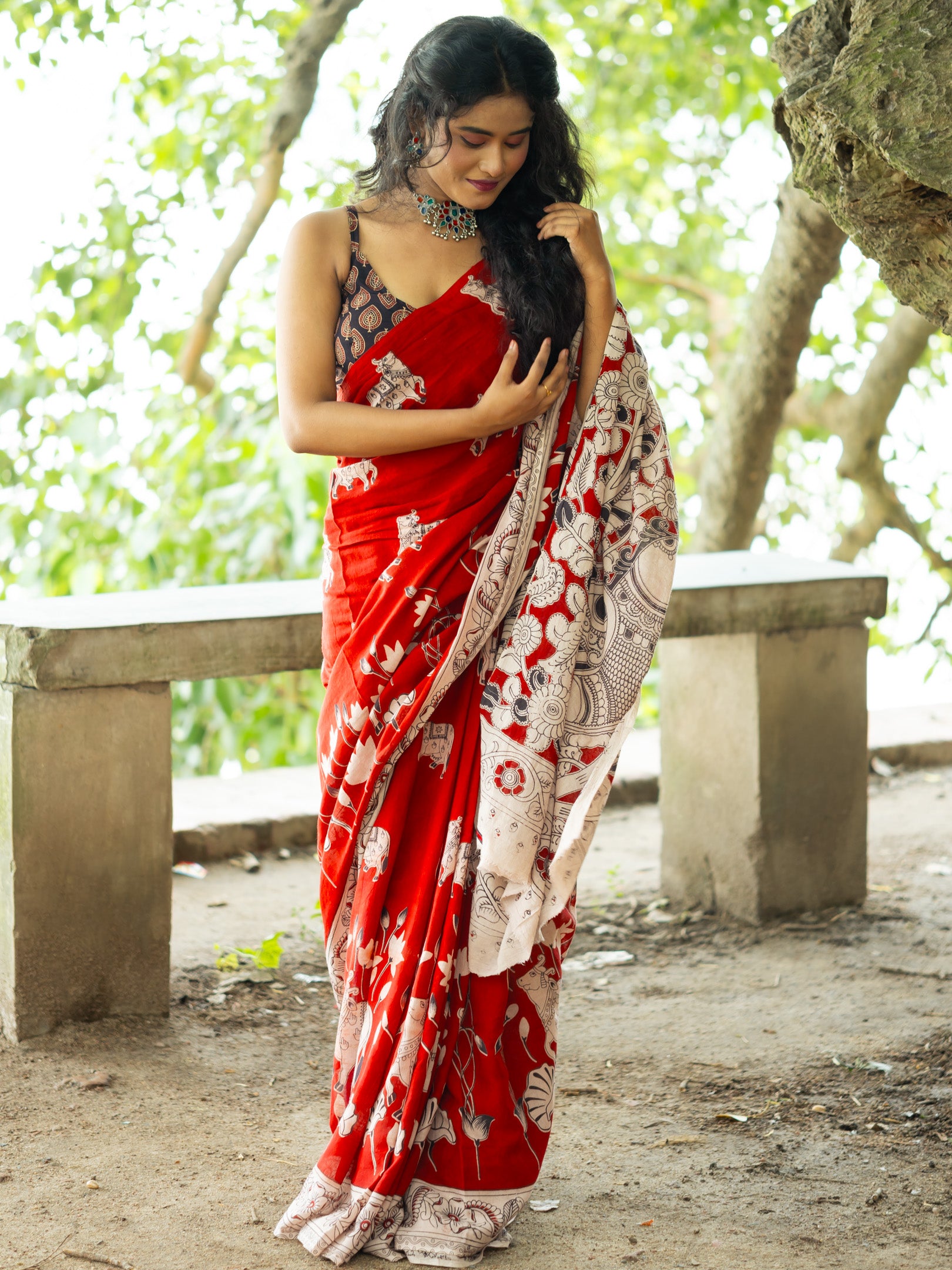 Red Nandi Kalamkari Cotton Saree